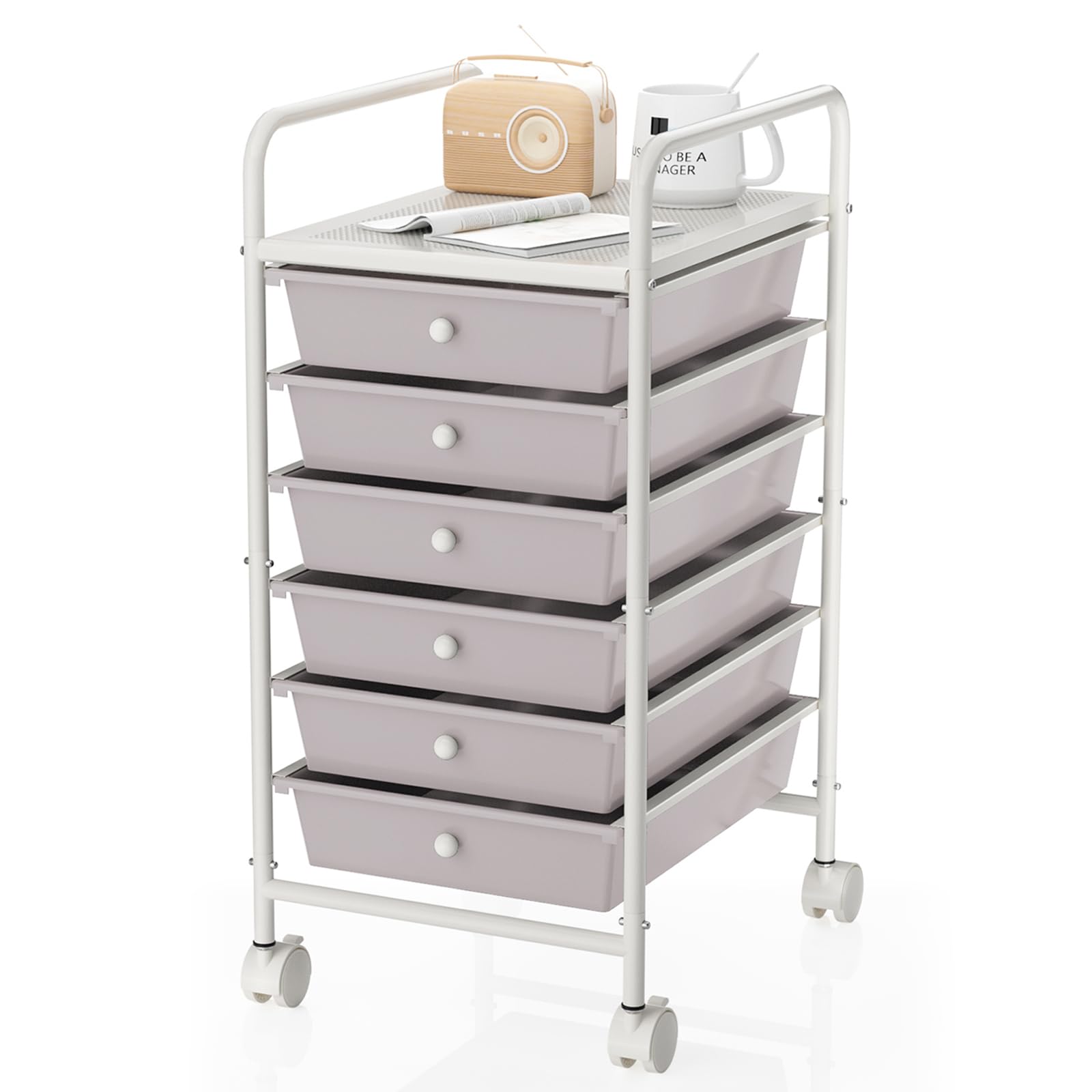 6-Tier Utility Cart with 6 Drawers, Rolling Utility Cart with 2 Lockable Caster Wheels, Multipurpose Mobile Rolling Drawer Cart for Office Bathroom Kitchen, Ivory White