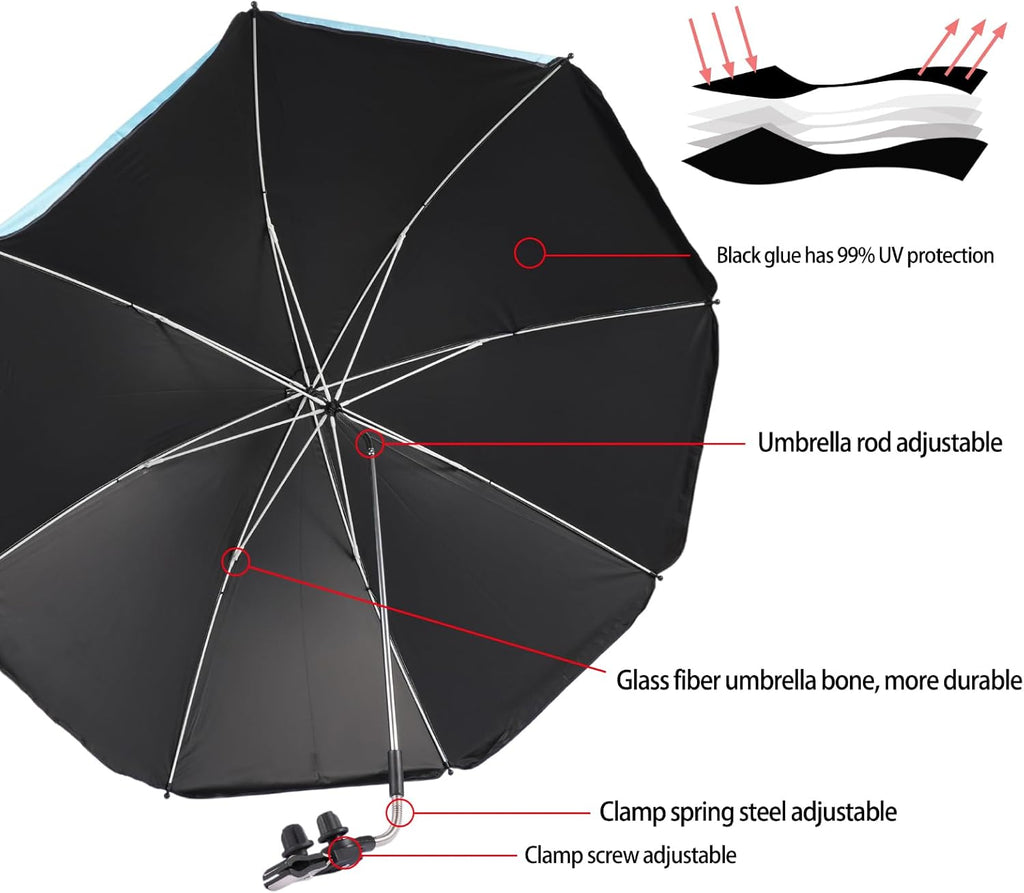 Chair Umbrella with Clamp,46 inches UPF 50+ Clip on Parasol for Patio,Beach Chairs,Strollers,Wheelchairs,Golf Carts
