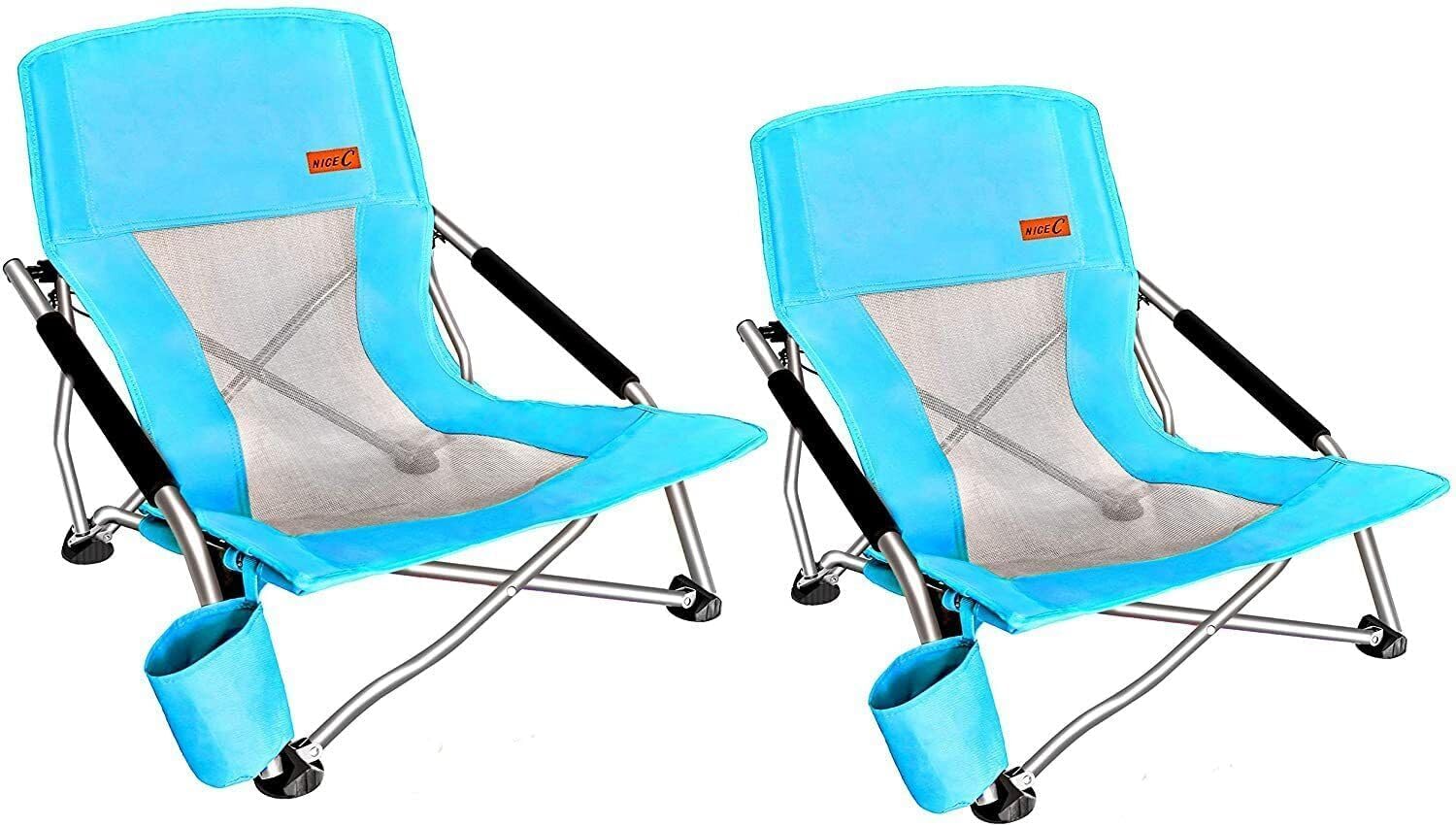 Nice C Low Beach Camping Folding Chair, Compact Backpacking River Sand Chair,Sillas De Playa, with Cup Holder, Carry Bag, Heavy Duty Outdoor, Camping, Beach, Travel, Picnic, Festival (2 Pack Orange)