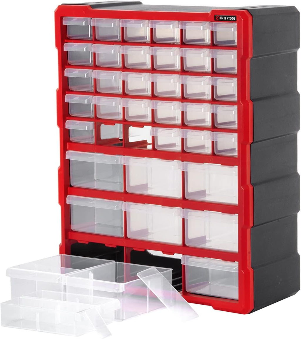 INTERTOOL Small Parts Organizer for Hardware & Screws | 39 Removable Bins with Dividers | Wall Mount or Desktop Craft & Lego Storage Cabinet | 19” x 15” x 6” BX08-4013