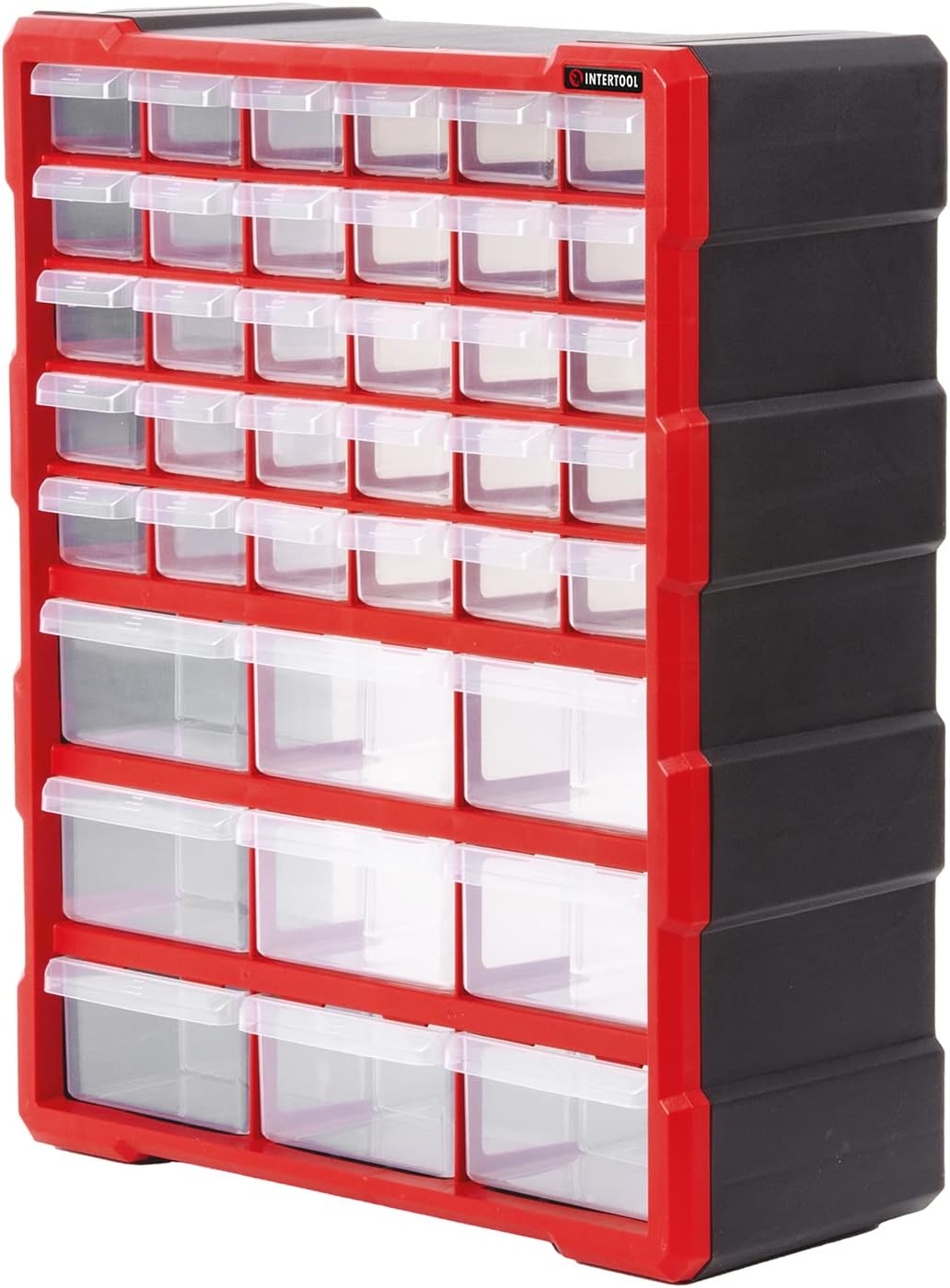 INTERTOOL Small Parts Organizer for Hardware & Screws | 39 Removable Bins with Dividers | Wall Mount or Desktop Craft & Lego Storage Cabinet | 19” x 15” x 6” BX08-4013