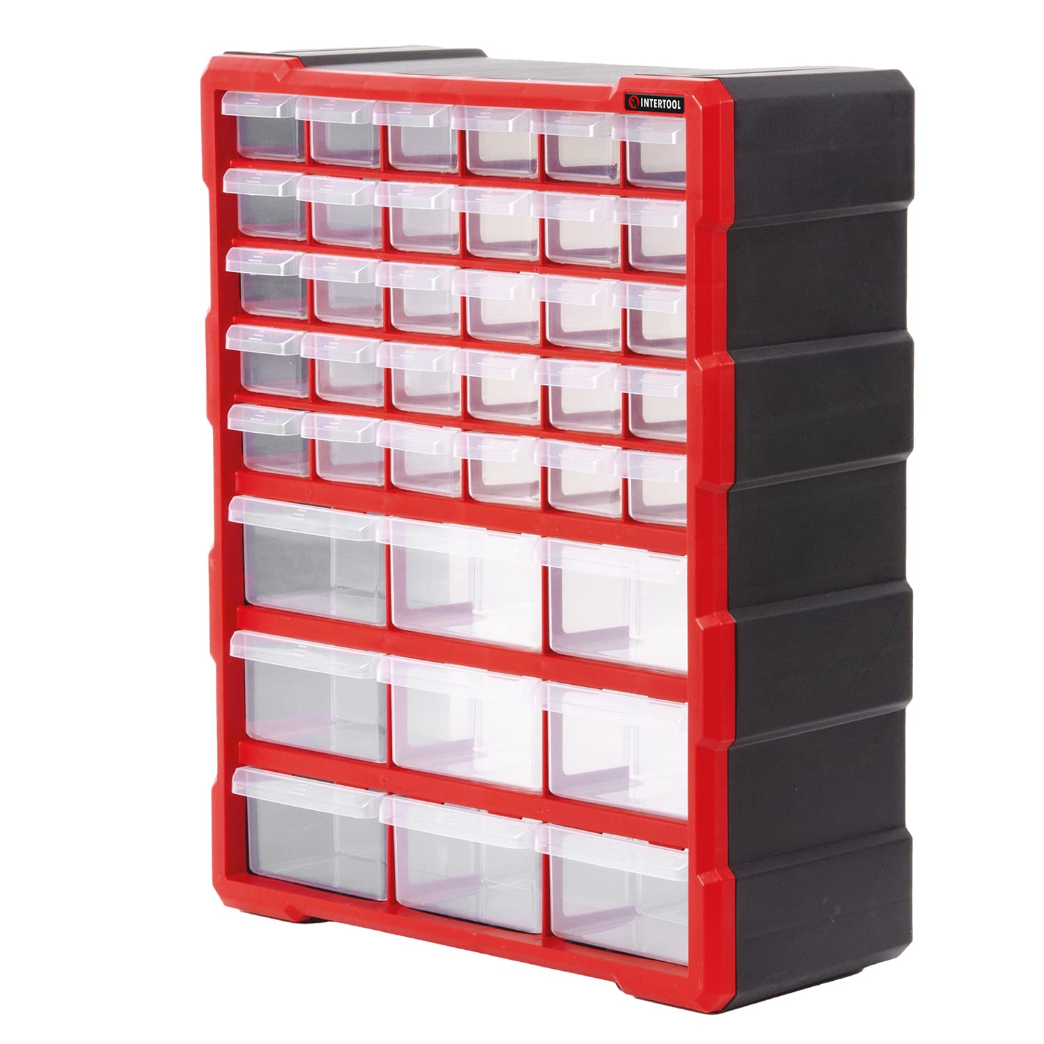 INTERTOOL Small Parts Organizer for Hardware & Screws | 39 Removable Bins with Dividers | Wall Mount or Desktop Craft & Lego Storage Cabinet | 19” x 15” x 6” BX08-4013