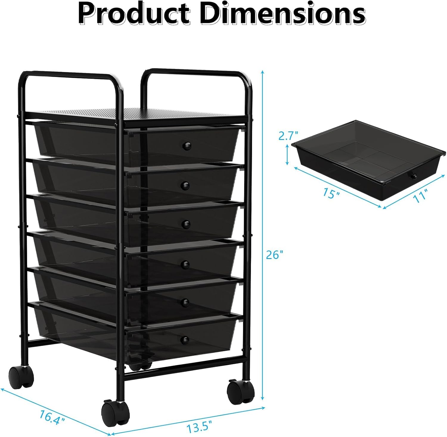 Rolling Cart with Drawers, 6-Tier Rolling Storage Cart with Drawers, Rolling Utility Cart with 6 Drawers with 2 Lockable Caster Wheels for Office Bathroom Kitchen, Transparent Black