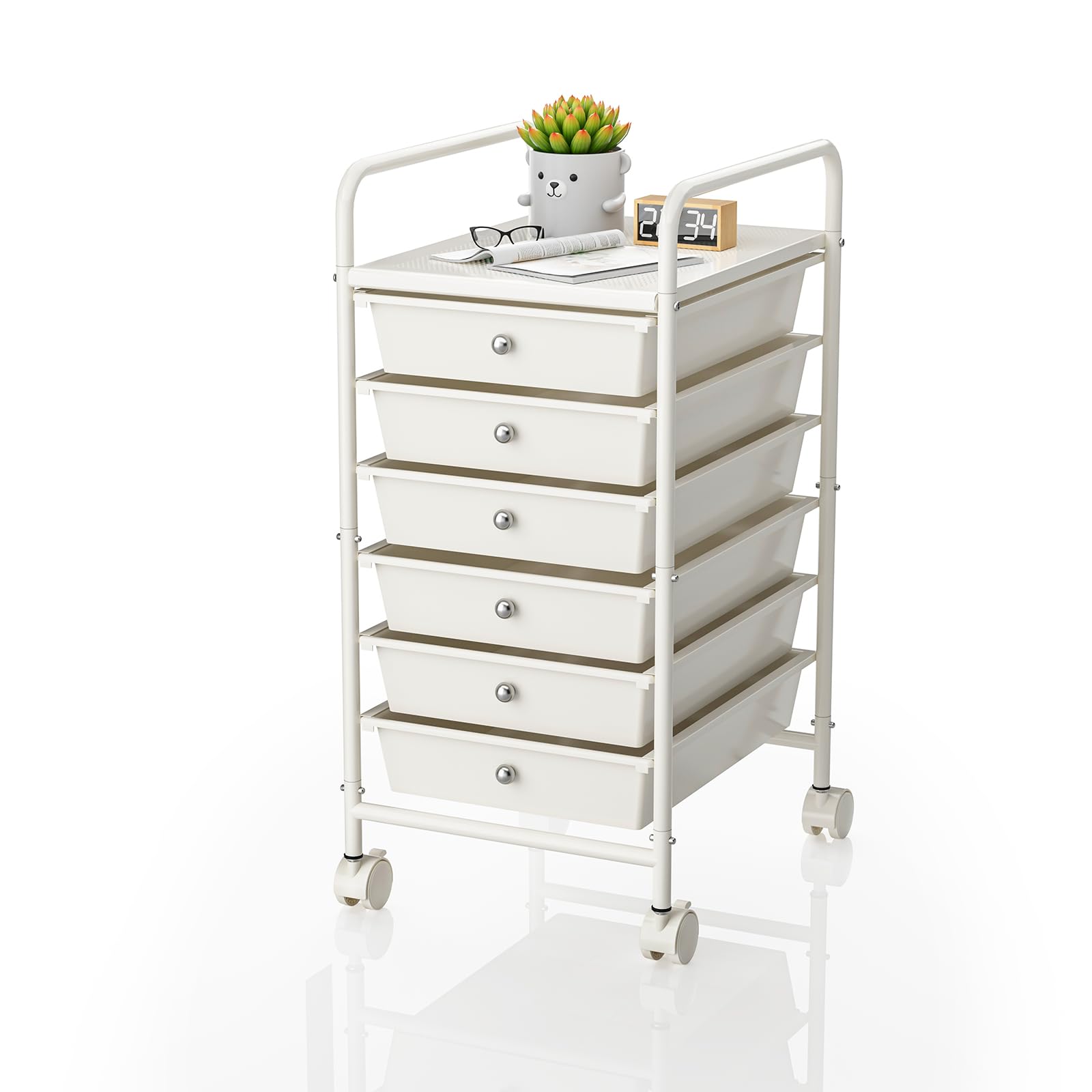 6-Tier Utility Cart with 6 Drawers, Rolling Utility Cart with 2 Lockable Caster Wheels, Multipurpose Mobile Rolling Drawer Cart for Office Bathroom Kitchen, Ivory White