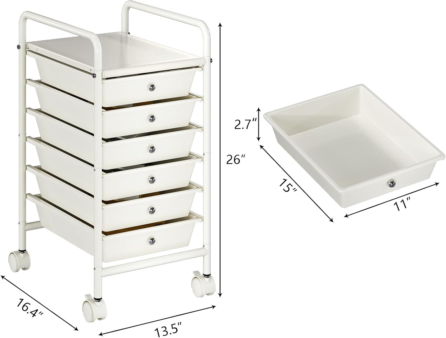 6-Tier Utility Cart with 6 Drawers, Rolling Utility Cart with 2 Lockable Caster Wheels, Multipurpose Mobile Rolling Drawer Cart for Office Bathroom Kitchen, Ivory White