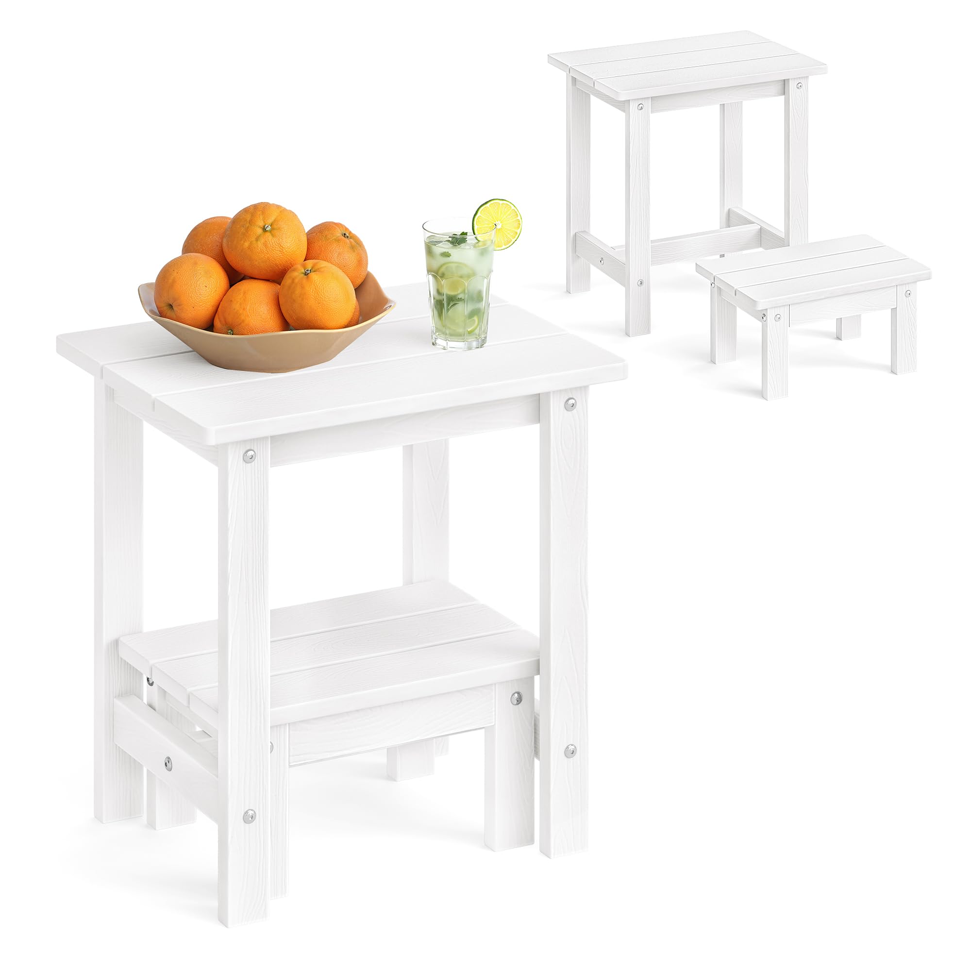 LUE BONA Outdoor Side Table, 2-Tier HDPS Outdoor Nesting End Table with Removable Small Foot Stool for Patio, Deck, Poolside, Low Maintenance & Weather Resistant, Navy