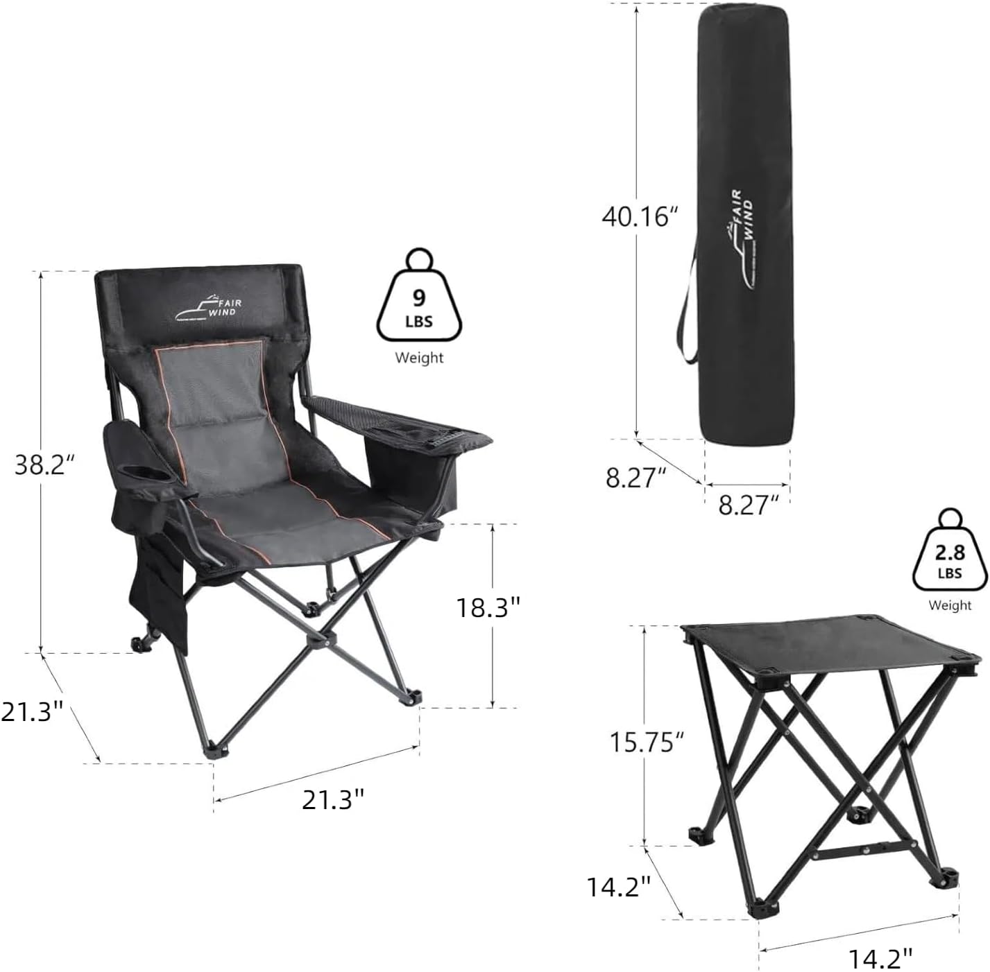 FAIR WIND Oversized Padded Camping Chair with Footrest Stool Set Heavy Duty Support 300 LBS Cooler Bag - Black