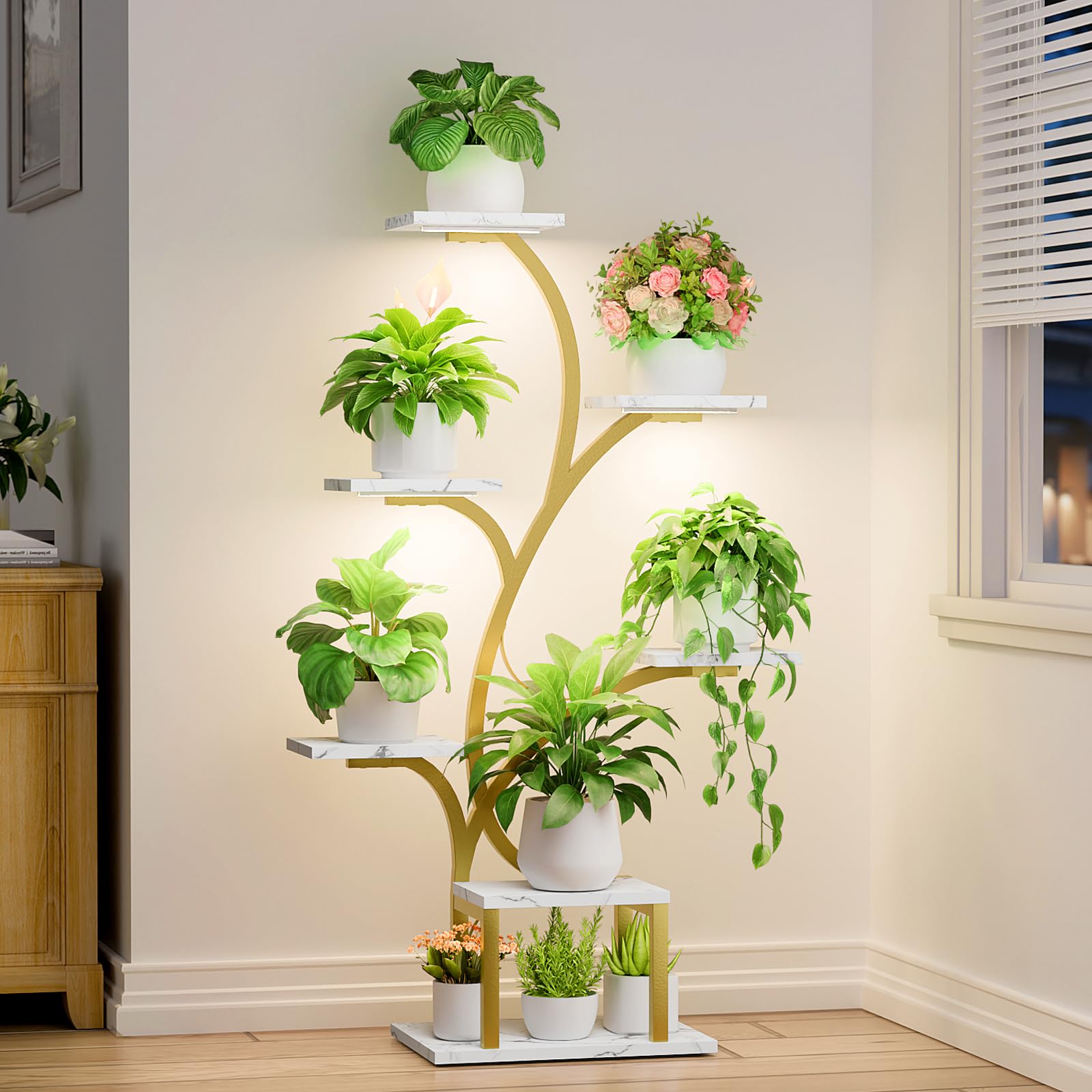 BACEKOLL Plant Stand Indoor with Grow Lights, 7 Tiered Indoor Plant Shelf, 49" Corner Plant Stands for Indoor Plants, Metal Plant Flower Display Shelf, Tree-Shaped Plant Rack for Home, Patio, Grey