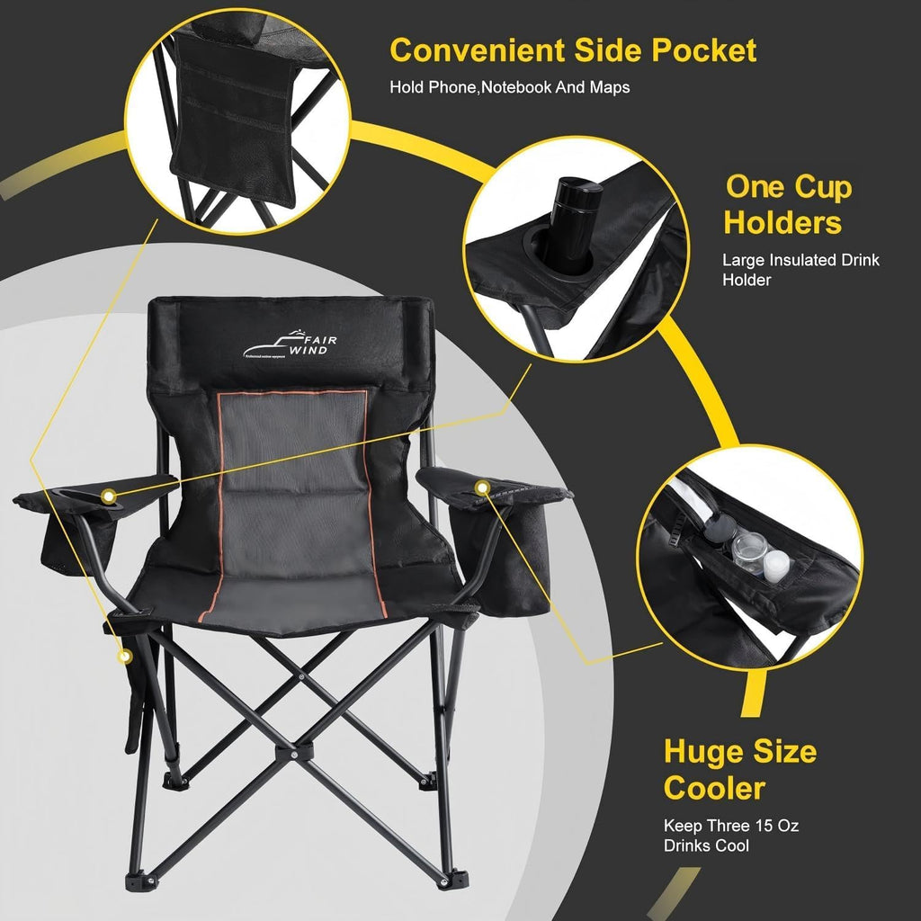 FAIR WIND Oversized Padded Camping Chair with Footrest Stool Set Heavy Duty Support 300 LBS Cooler Bag - Black