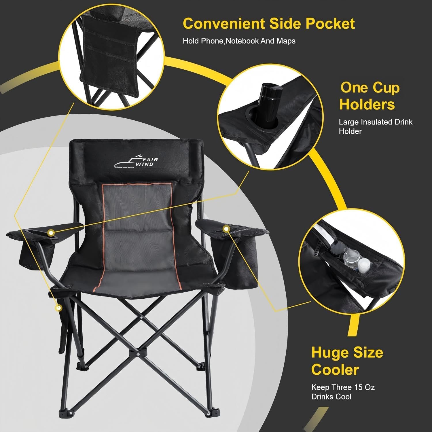 FAIR WIND Oversized Padded Camping Chair with Footrest Stool Set Heavy Duty Support 300 LBS Cooler Bag - Black