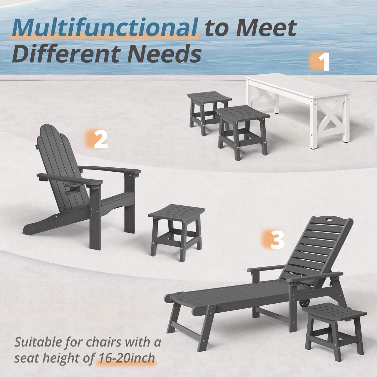 LUE BONA Outdoor Adirondack Ottomans, Footrest Footstool, Outdoor Foot Rest for Patio, HDPS All Weather Waterproof Footrest Footstool for Adirondack Chair, Dark Gray