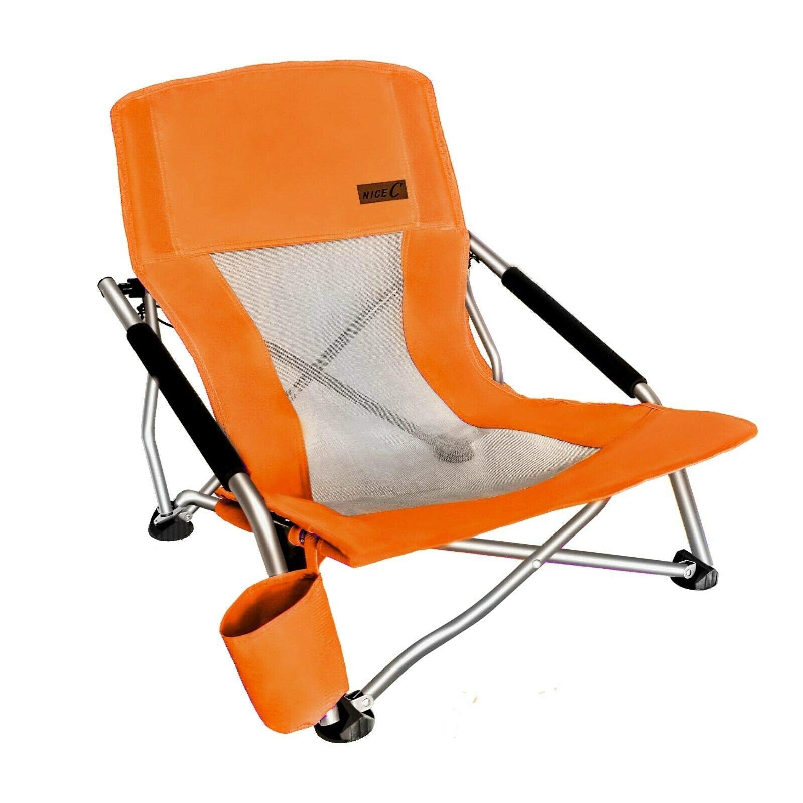 Nice C Low Beach Camping Folding Chair, Compact Backpacking River Sand Chair,Sillas De Playa, with Cup Holder, Carry Bag, Heavy Duty Outdoor, Camping, Beach, Travel, Picnic, Festival (2 Pack Orange)