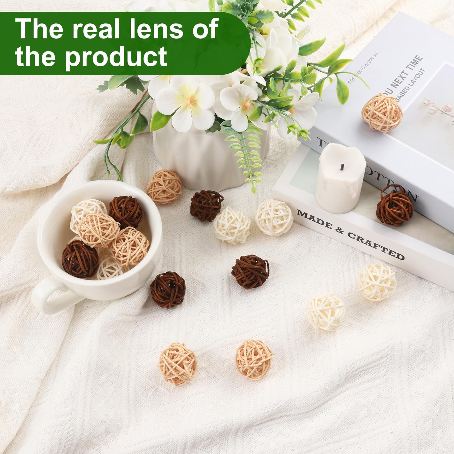 120 PCS 3-Colors 1.2 inch Natural Decorative Wicker Rattan Balls, Mini Hanging Rattan Balls Vase Fillers for Christmas, Ornaments DIY, Parrot and Party Decorations