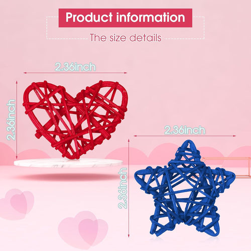 18 Piece 4th of July Star Shaped Rattan Heart Wicker Balls Decoration, Red Blue White Rattan Balls for Patriotic Labor Day Independence Day Home Decor DIY Ornament Wedding Table Decor, 2.36 Inch