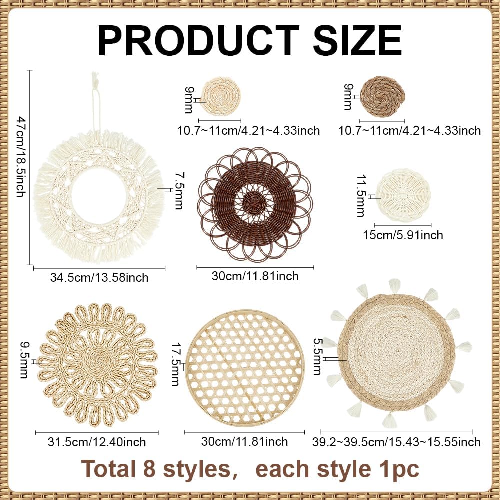 PH PandaHall Set of 8 Boho Wall Basket Decor, Woven Rattan Hanging Baskets Flat Round Handmade Rustic Wall Art Set for Living Room Bedroom Office Kitchen Hotel Wedding Party Decoration, 4.3-15.5inch