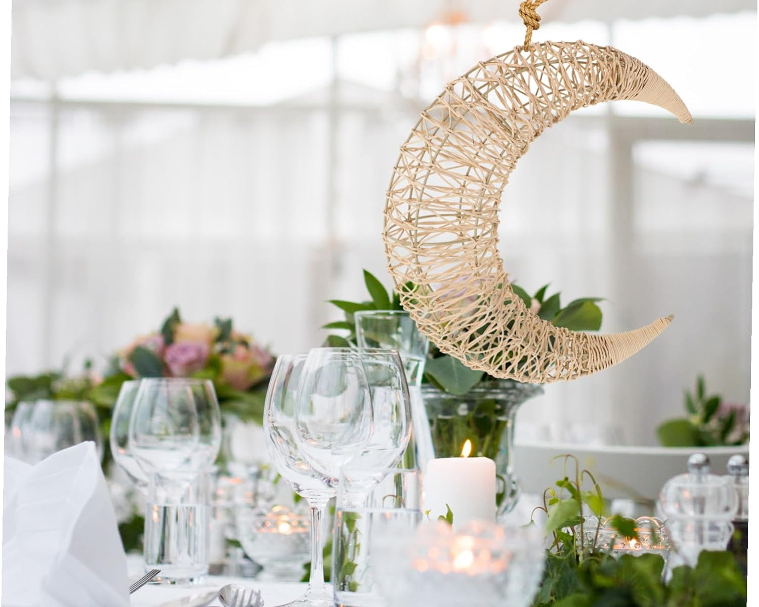 Handmade Rattan Moon Hanging Decor for Outdoor and Indoor Use Whimsical Moon Shape Ornament for DIY Crafts Boho Style Holiday Party Decoration Unique Artisan Gift for Living