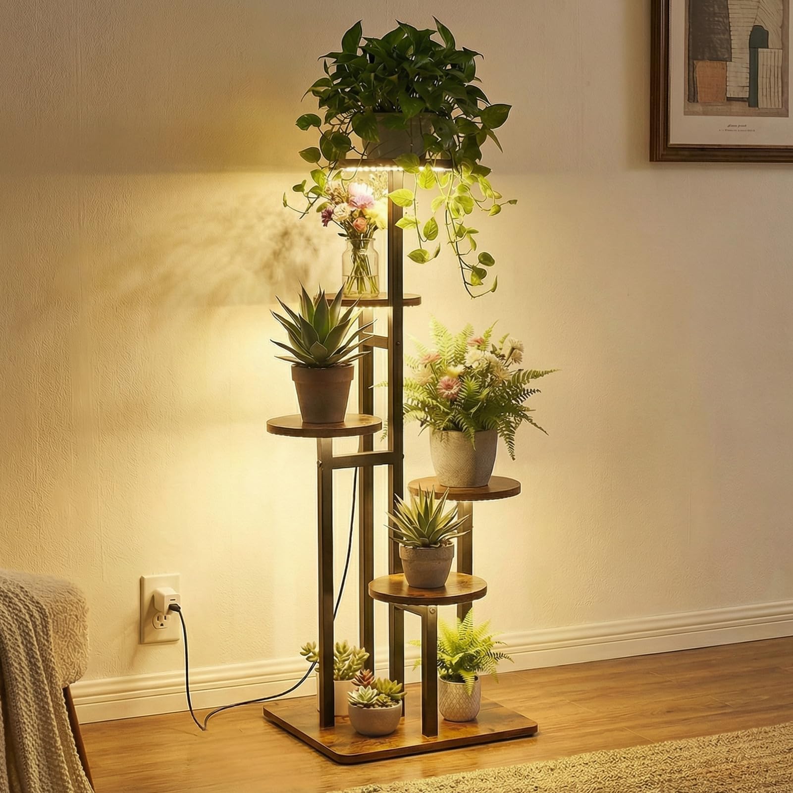 4 Tier Plant Stand Indoor with Grow Light, Tiered Plant Stands for Indoor Plants Multiple, Corner Flower Stand for Living Room, Multi-Layer Vintage Design Plant Shelf