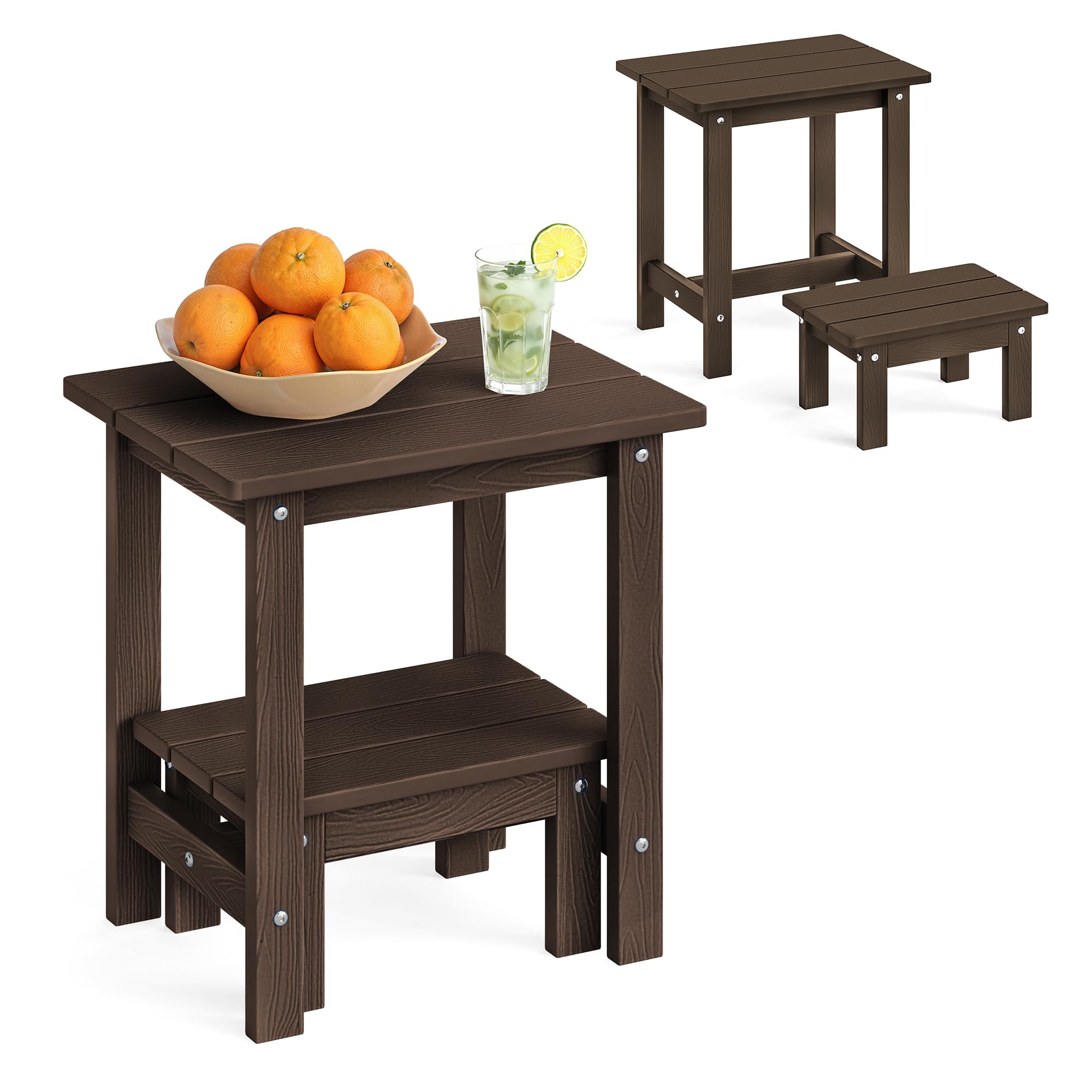 LUE BONA Outdoor Side Table, 2-Tier HDPS Outdoor Nesting End Table with Removable Small Foot Stool for Patio, Deck, Poolside, Low Maintenance & Weather Resistant, Navy