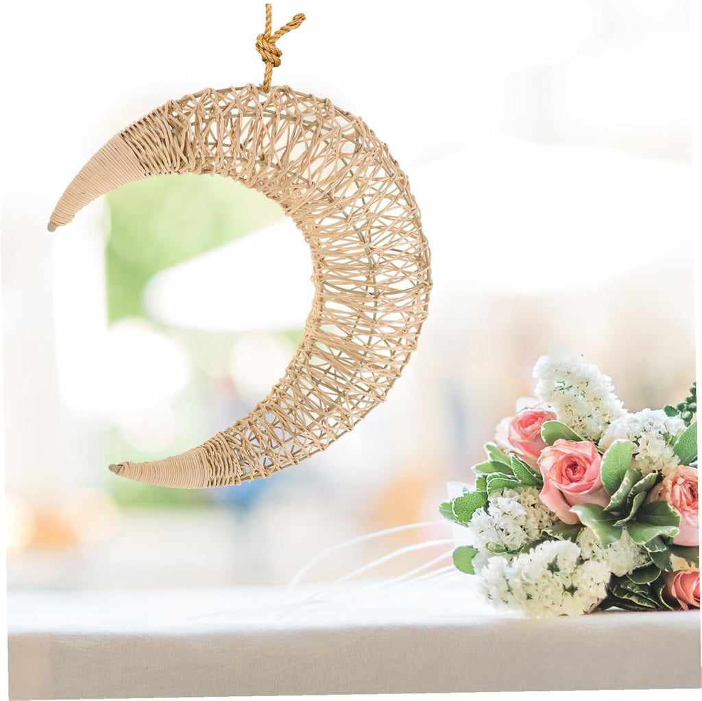Handmade Rattan Moon Hanging Decor for Outdoor and Indoor Use Whimsical Moon Shape Ornament for DIY Crafts Boho Style Holiday Party Decoration Unique Artisan Gift for Living