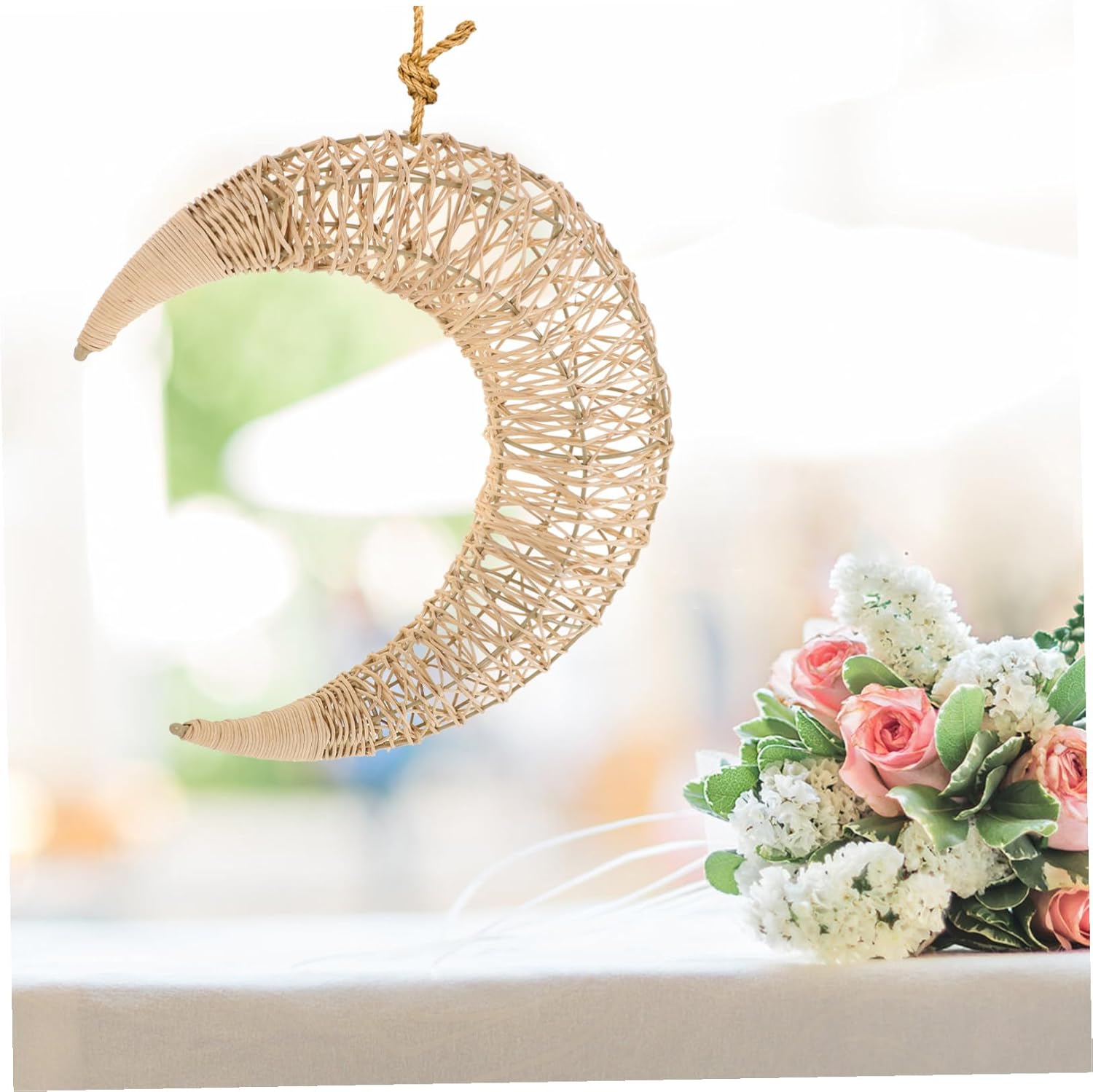 Handmade Rattan Moon Hanging Decor for Outdoor and Indoor Use Whimsical Moon Shape Ornament for DIY Crafts Boho Style Holiday Party Decoration Unique Artisan Gift for Living