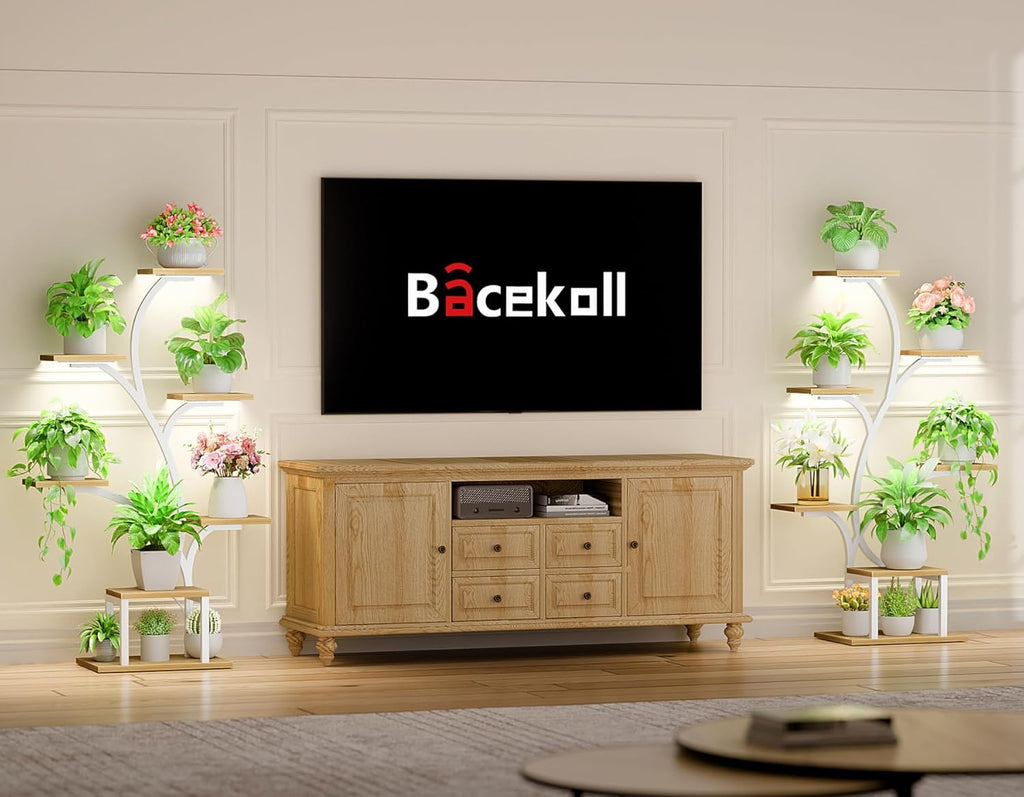 BACEKOLL Plant Stand Indoor with Grow Lights, 7 Tiered Indoor Plant Shelf, 49" Corner Plant Stands for Indoor Plants, Metal Plant Flower Display Shelf, Tree-Shaped Plant Rack for Home, Patio, Natural