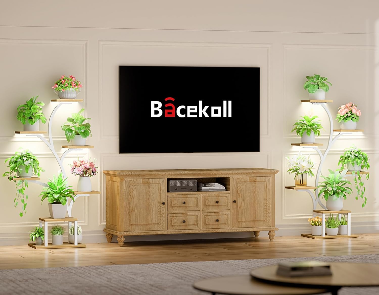 BACEKOLL Plant Stand Indoor with Grow Lights, 7 Tiered Indoor Plant Shelf, 49" Corner Plant Stands for Indoor Plants, Metal Plant Flower Display Shelf, Tree-Shaped Plant Rack for Home, Patio, Natural