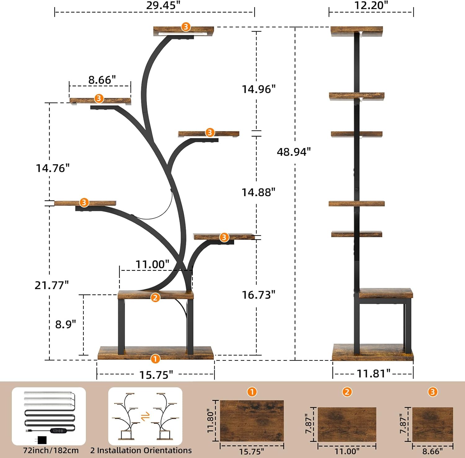 Brown Tree-Shaped 7-Tier Corner Metal Plant Stand 49" with Grow Lights for Indoor Home Patio Plants