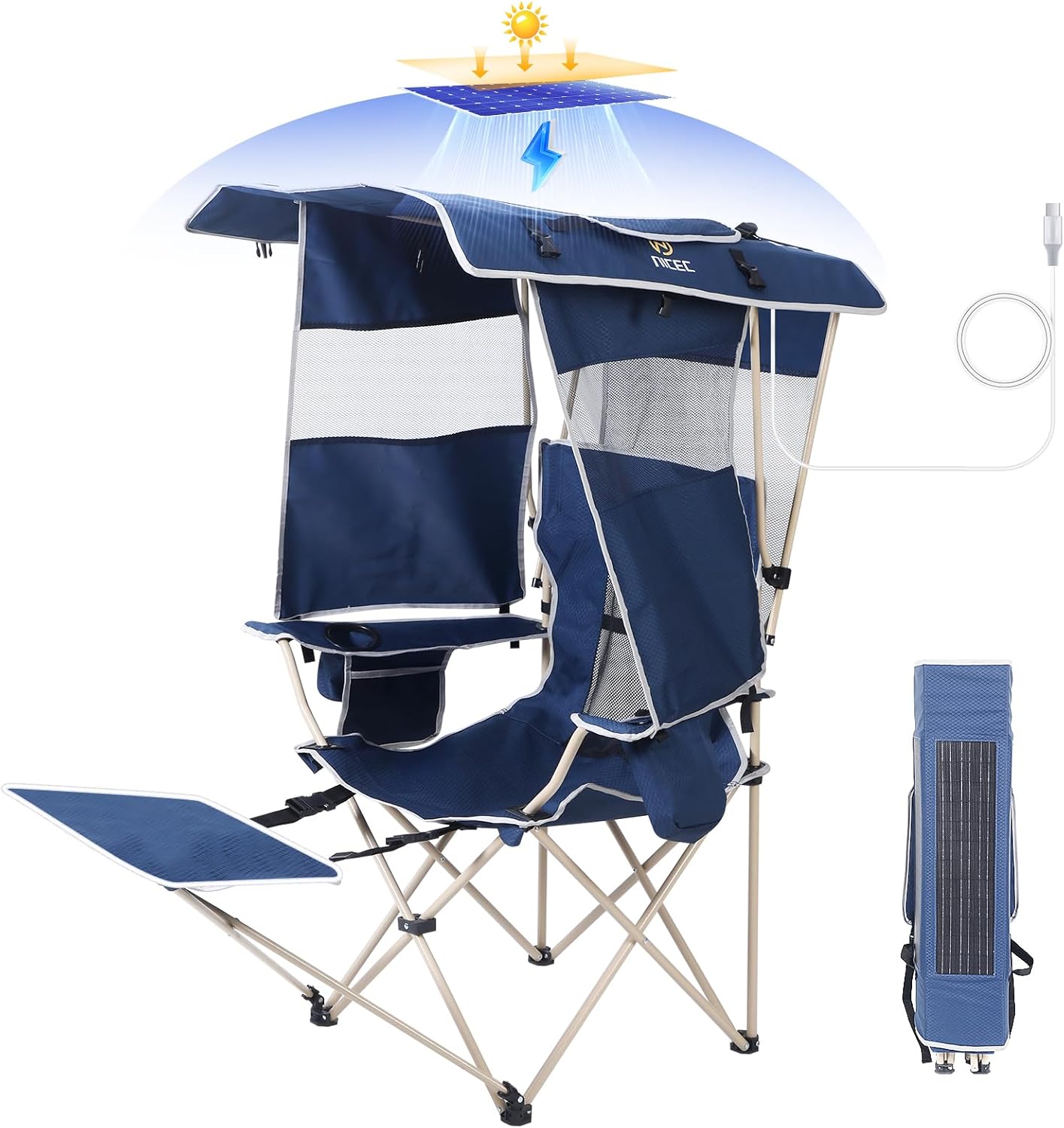 Nice C Chair with Canopy, Umbrella Chair, Chairs with Shade, 30W Solar Panels, Sports Chairs with Removable Footrest, Cooler Bag, USB, Type-C&DC Charging Cable Included (1 Navy)