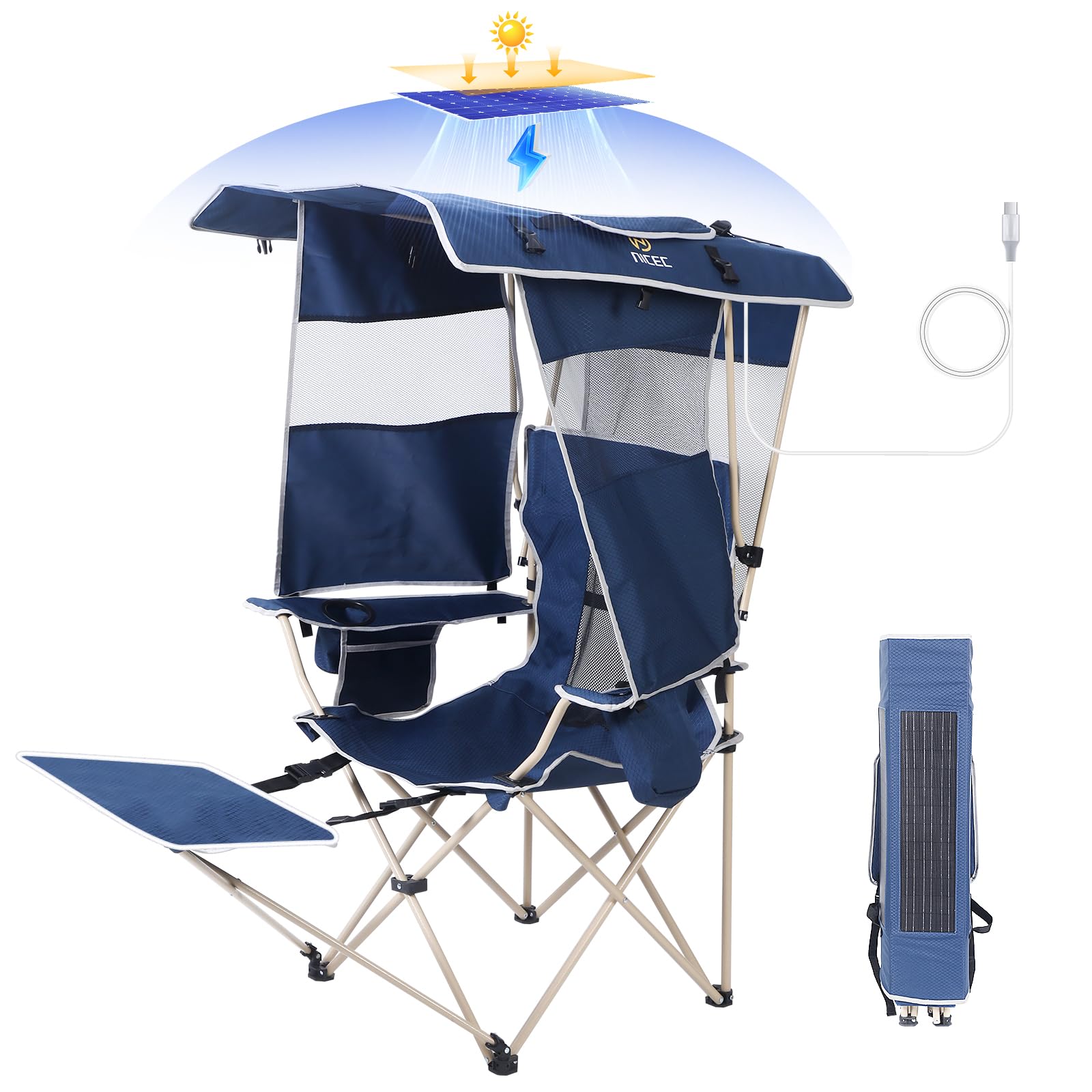 Nice C Chair with Canopy, Umbrella Chair, Chairs with Shade, 30W Solar Panels, Sports Chairs with Removable Footrest, Cooler Bag, USB, Type-C&DC Charging Cable Included (1 Navy)