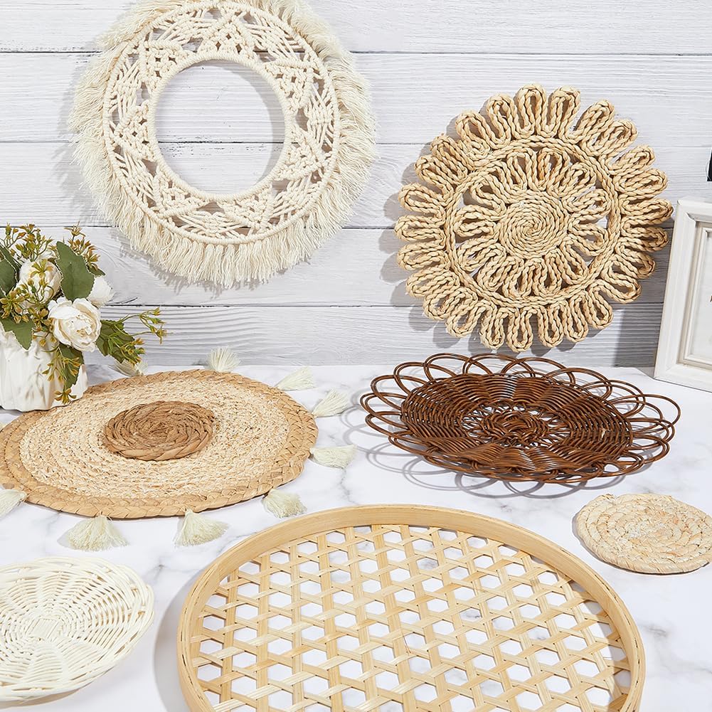PH PandaHall Set of 8 Boho Wall Basket Decor, Woven Rattan Hanging Baskets Flat Round Handmade Rustic Wall Art Set for Living Room Bedroom Office Kitchen Hotel Wedding Party Decoration, 4.3-15.5inch