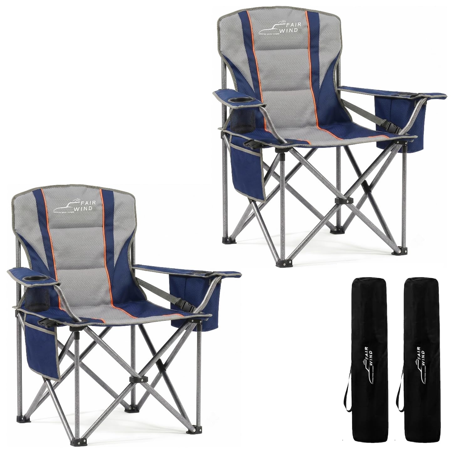 FAIR WIND Oversized Padded Camping Chair with Footrest Stool Set Heavy Duty Support 300 LBS Cooler Bag - Black