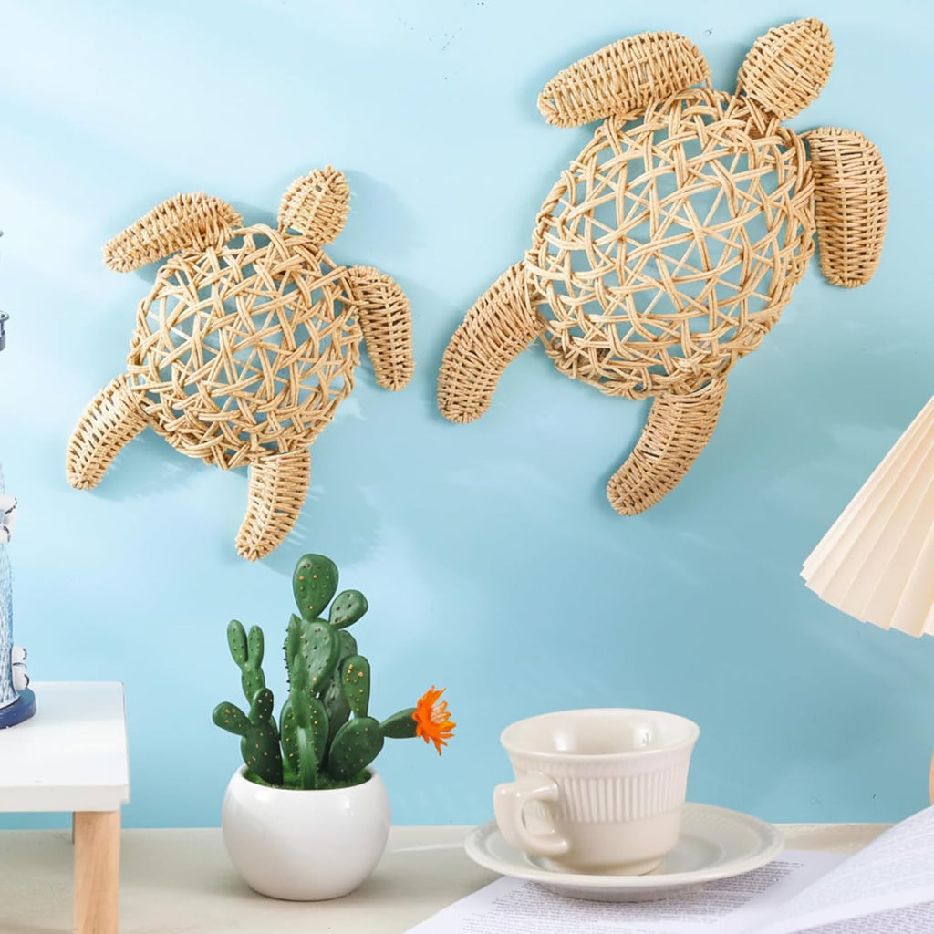 Yousoontic 2 Pcs Semi Stereo Wicker Sea Turtle Wall Decor Coastal Beach Boho Handmade Wicker 2 Size Boho Sea Turtle Hanging Ornaments Rattan Coastal Nautical Sculpture for Bathroom Indoor Outdoor Home