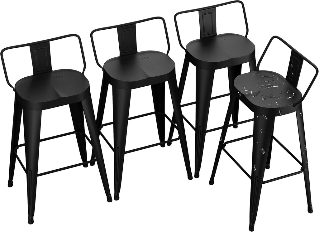 Alunaune 26inch Outdoor Metal Bar Stools Set of 4 Patio Stool Counter Height Barstools Large Seat Industrial Counter Stool Kitchen Bar Chairs Indoor-Low Back, Black