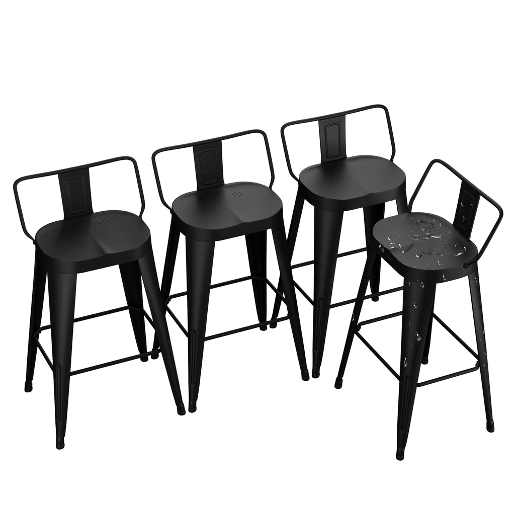 Alunaune 26inch Outdoor Metal Bar Stools Set of 4 Patio Stool Counter Height Barstools Large Seat Industrial Counter Stool Kitchen Bar Chairs Indoor-Low Back, Black