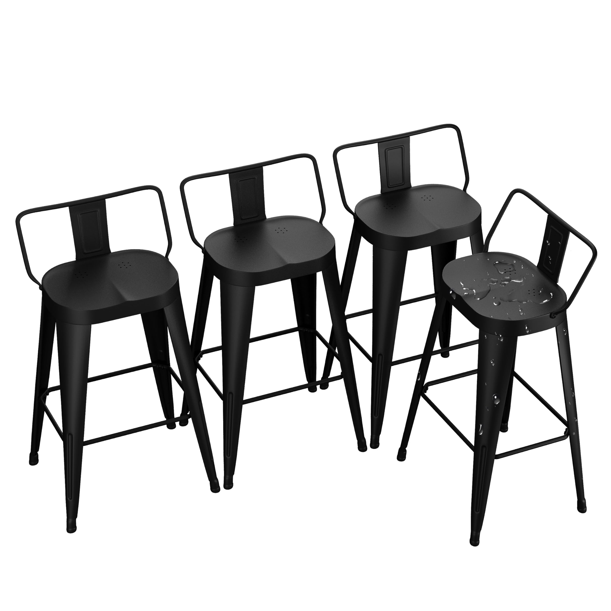 Alunaune 26inch Outdoor Metal Bar Stools Set of 4 Patio Stool Counter Height Barstools Large Seat Industrial Counter Stool Kitchen Bar Chairs Indoor-Low Back, Black
