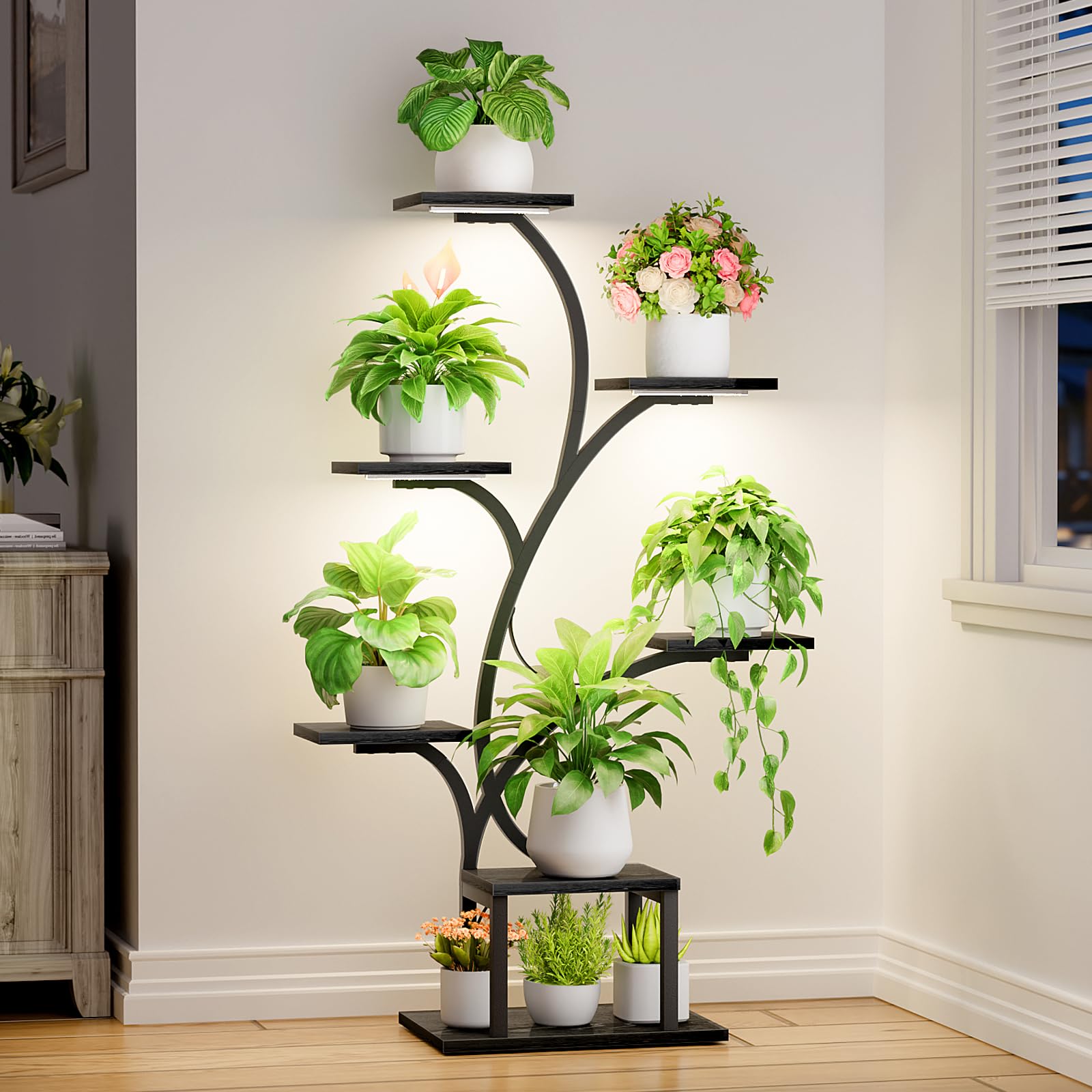 BACEKOLL Plant Stand Indoor with Grow Lights, 7 Tiered Indoor Plant Shelf, 49" Corner Plant Stands for Indoor Plants, Metal Plant Flower Display Shelf, Tree-Shaped Plant Rack for Home, Patio, Natural