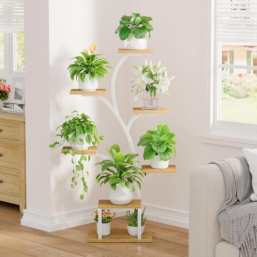 BACEKOLL Plant Stand Indoor with Grow Lights, 7 Tiered Indoor Plant Shelf, 49" Corner Plant Stands for Indoor Plants, Metal Plant Flower Display Shelf, Tree-Shaped Plant Rack for Home, Patio, Natural