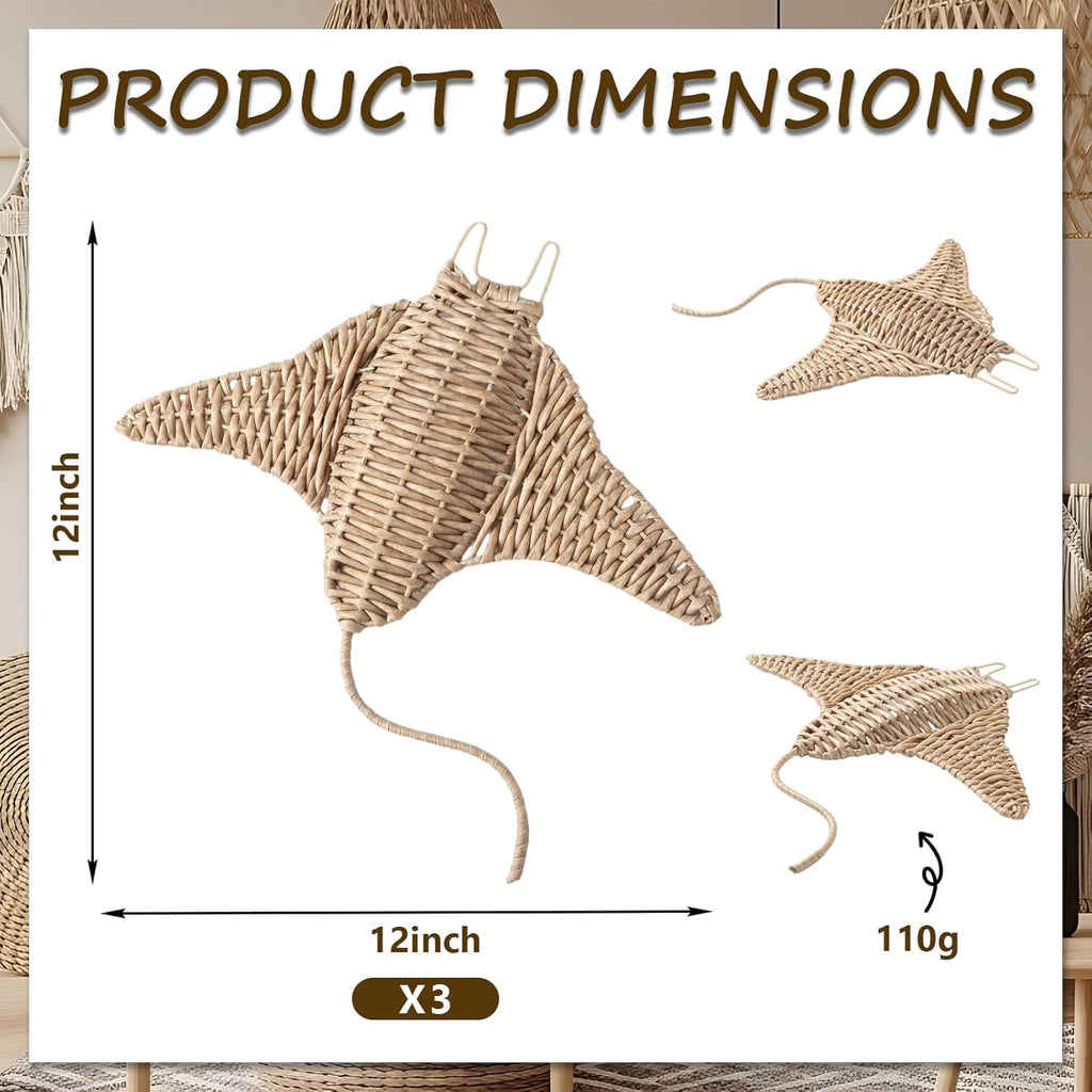 Xuhal 3 Pcs Wicker Sea Wall Decor Large Manta Ray Hanging Decor 12 Inch Handmade Coastal Wall Art for Underwater World Wicker Nautical Sculpture Beach Ocean Boho Bathroom Indoor Outdoor Ornament