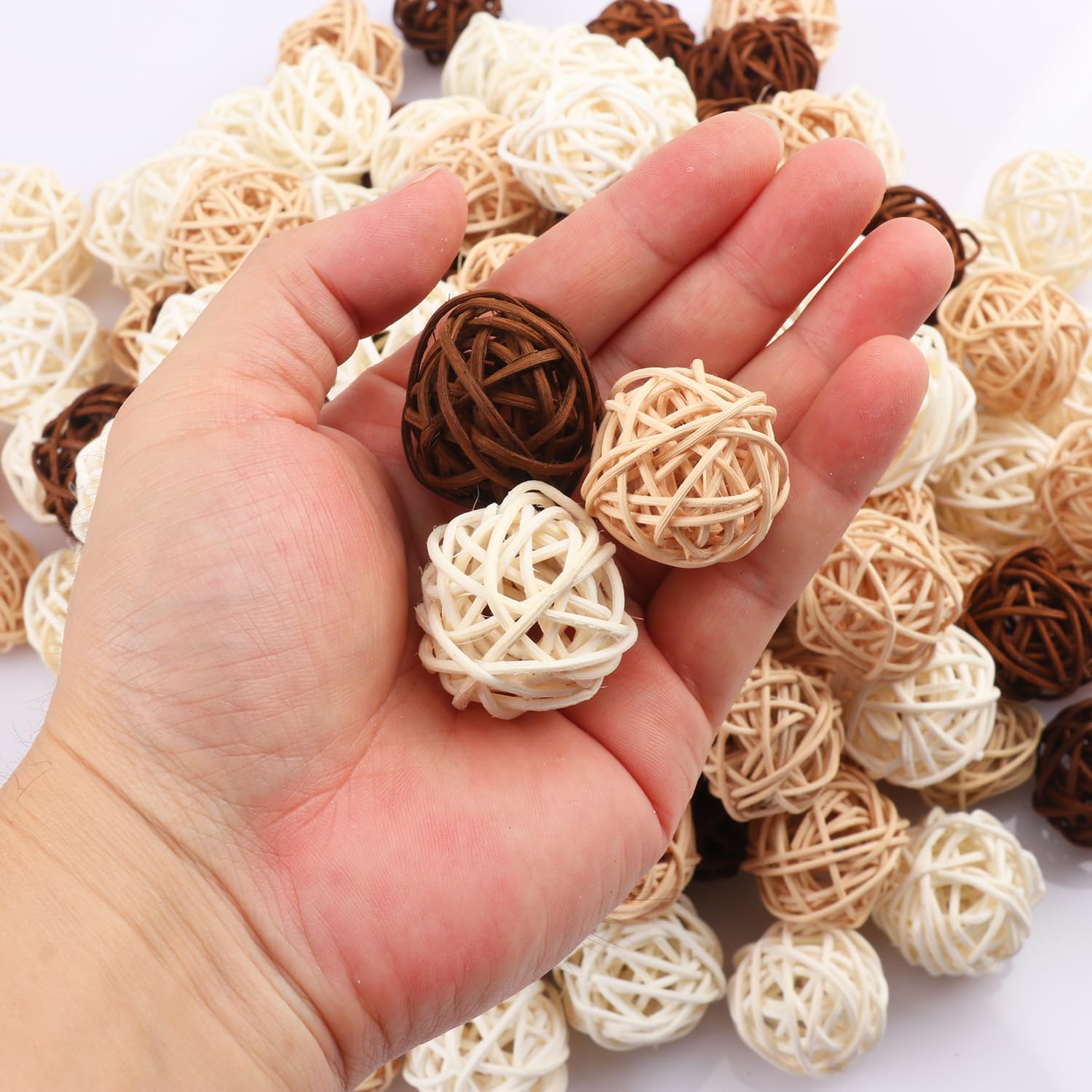 120 PCS 3-Colors 1.2 inch Natural Decorative Wicker Rattan Balls, Mini Hanging Rattan Balls Vase Fillers for Christmas, Ornaments DIY, Parrot and Party Decorations