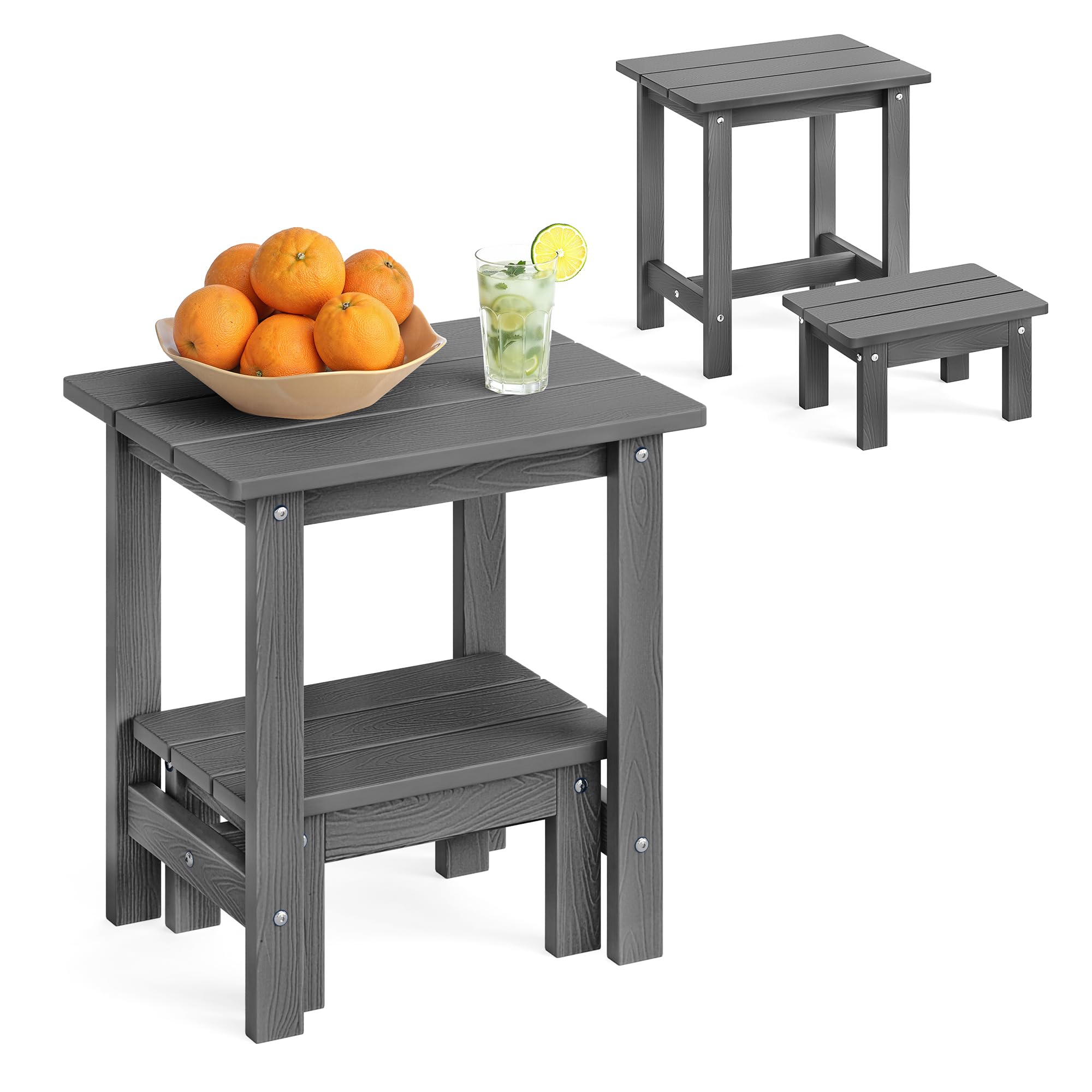 LUE BONA Outdoor Side Table, 2-Tier HDPS Outdoor Nesting End Table with Removable Small Foot Stool for Patio, Deck, Poolside, Low Maintenance & Weather Resistant, Navy