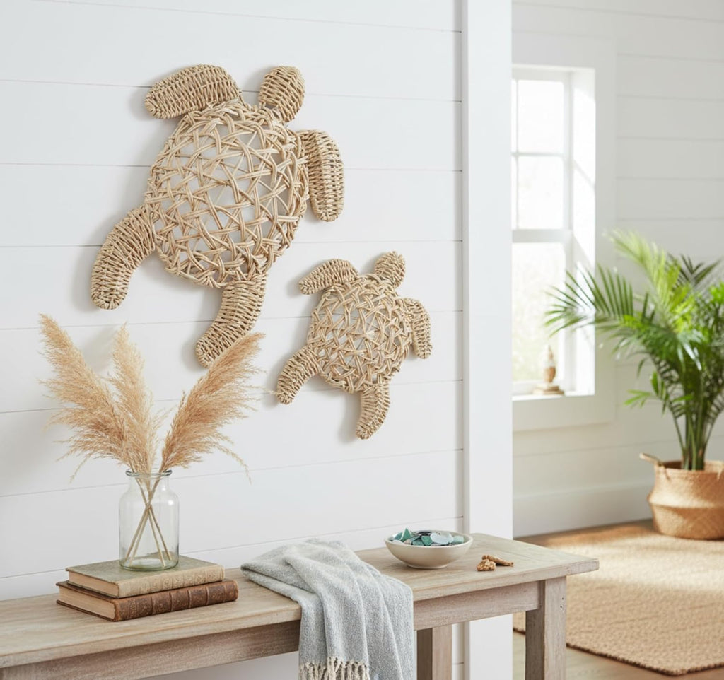 Yousoontic 2 Pcs Semi Stereo Wicker Sea Turtle Wall Decor Coastal Beach Boho Handmade Wicker 2 Size Boho Sea Turtle Hanging Ornaments Rattan Coastal Nautical Sculpture for Bathroom Indoor Outdoor Home