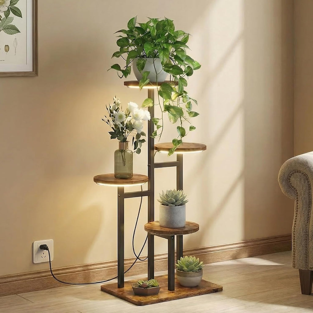 4 Tier Plant Stand Indoor with Grow Light, Tiered Plant Stands for Indoor Plants Multiple, Corner Flower Stand for Living Room, Multi-Layer Vintage Design Plant Shelf