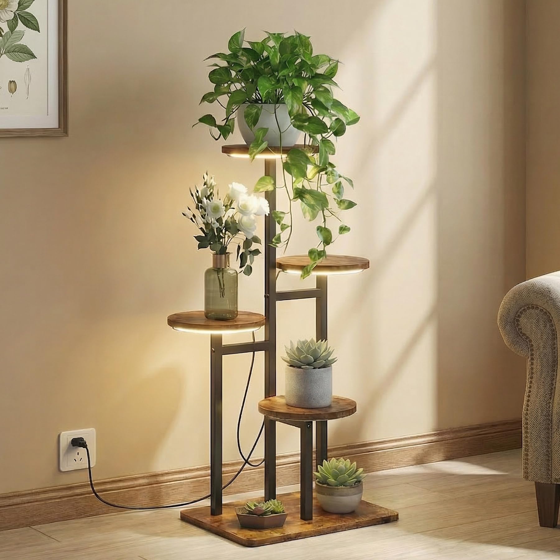 4 Tier Plant Stand Indoor with Grow Light, Tiered Plant Stands for Indoor Plants Multiple, Corner Flower Stand for Living Room, Multi-Layer Vintage Design Plant Shelf