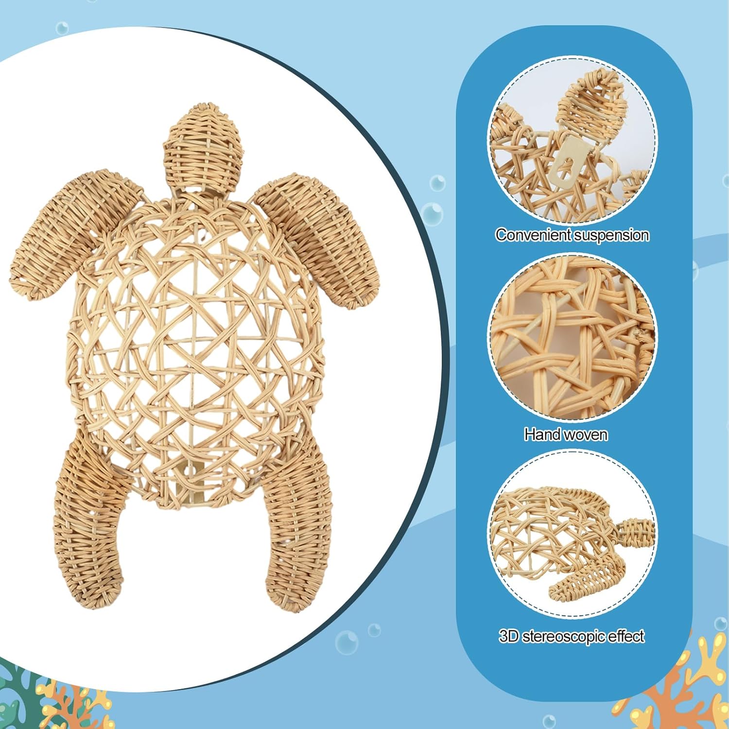Yousoontic 2 Pcs Semi Stereo Wicker Sea Turtle Wall Decor Coastal Beach Boho Handmade Wicker 2 Size Boho Sea Turtle Hanging Ornaments Rattan Coastal Nautical Sculpture for Bathroom Indoor Outdoor Home