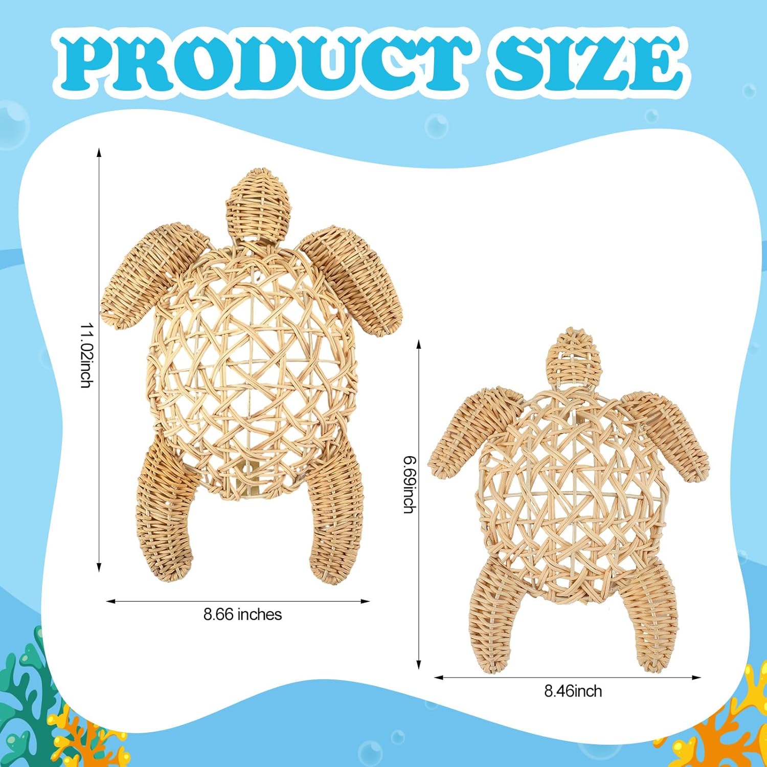 Yousoontic 2 Pcs Semi Stereo Wicker Sea Turtle Wall Decor Coastal Beach Boho Handmade Wicker 2 Size Boho Sea Turtle Hanging Ornaments Rattan Coastal Nautical Sculpture for Bathroom Indoor Outdoor Home