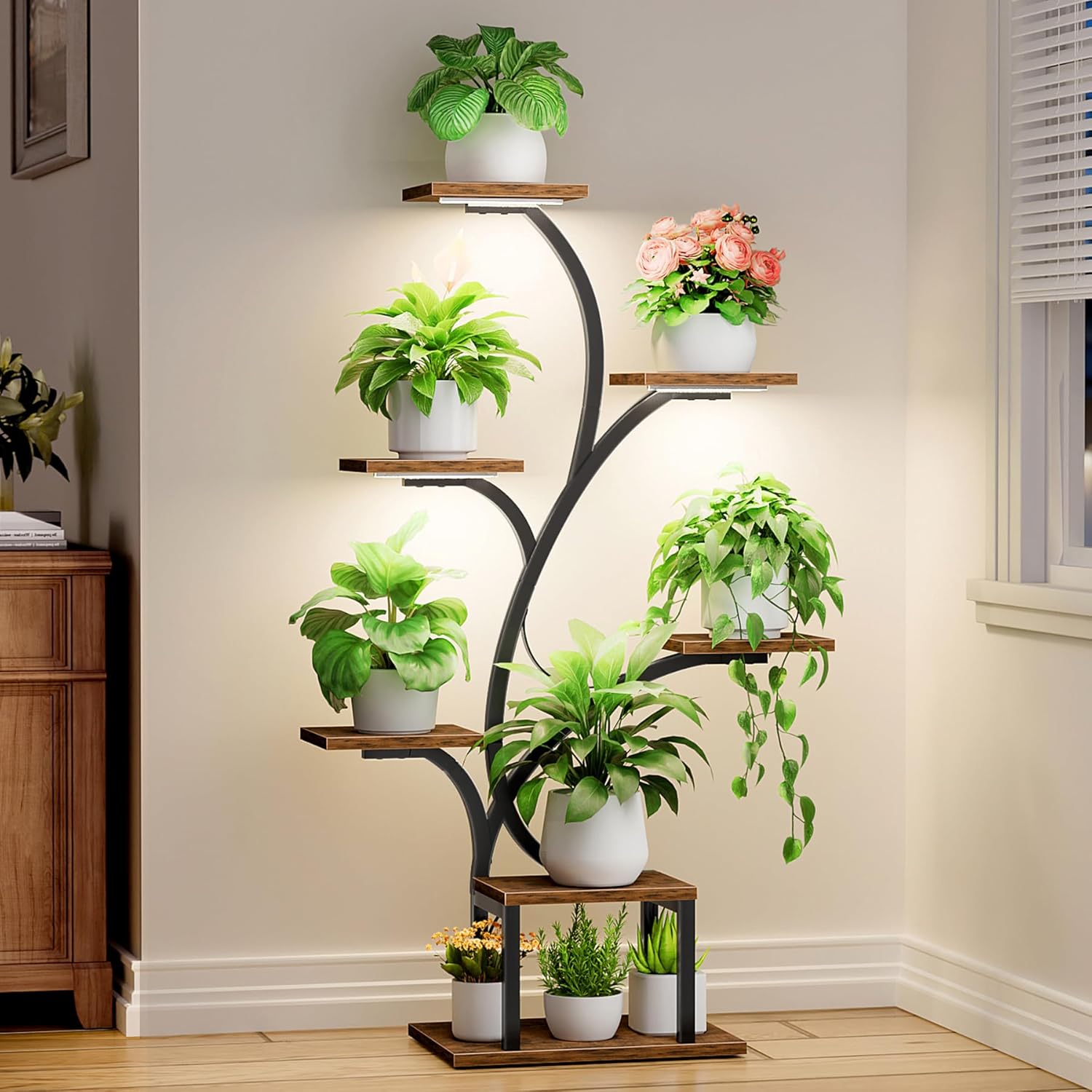 Brown Tree-Shaped 7-Tier Corner Metal Plant Stand 49" with Grow Lights for Indoor Home Patio Plants