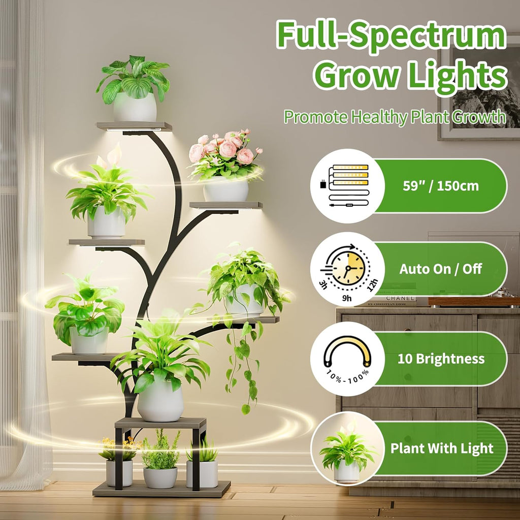 BACEKOLL Plant Stand Indoor with Grow Lights, 7 Tiered Indoor Plant Shelf, 49" Corner Plant Stands for Indoor Plants, Metal Plant Flower Display Shelf, Tree-Shaped Plant Rack for Home, Patio, Grey