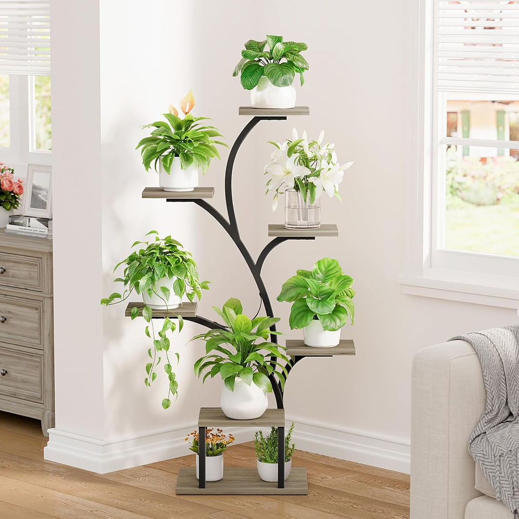 BACEKOLL Plant Stand Indoor with Grow Lights, 7 Tiered Indoor Plant Shelf, 49" Corner Plant Stands for Indoor Plants, Metal Plant Flower Display Shelf, Tree-Shaped Plant Rack for Home, Patio, Grey