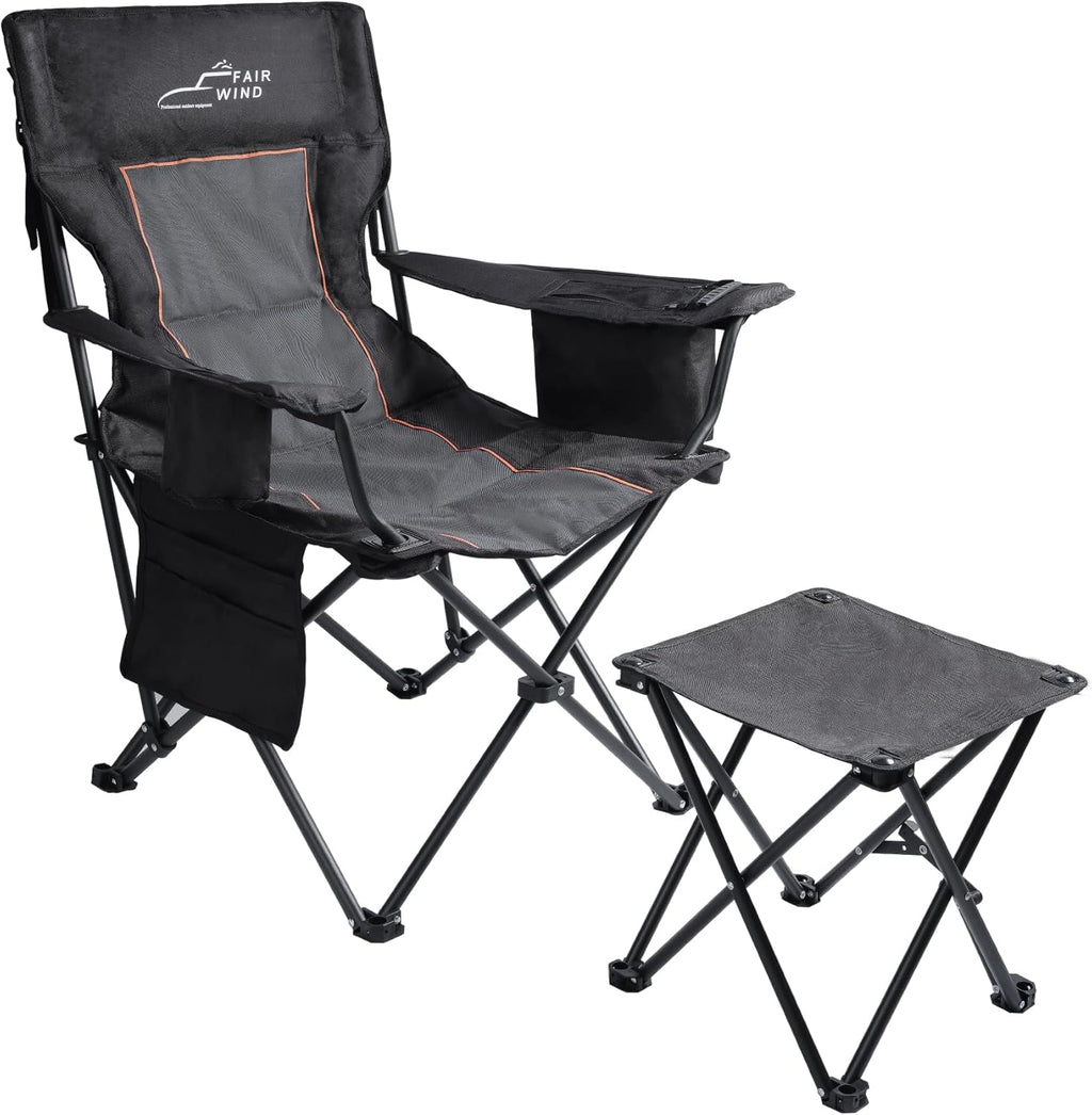 FAIR WIND Oversized Padded Camping Chair with Footrest Stool Set Heavy Duty Support 300 LBS Cooler Bag - Black