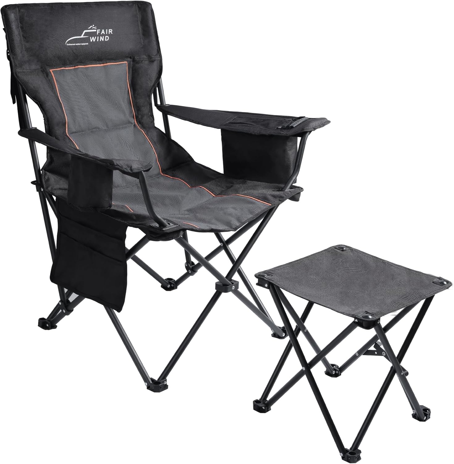 FAIR WIND Oversized Padded Camping Chair with Footrest Stool Set Heavy Duty Support 300 LBS Cooler Bag - Black